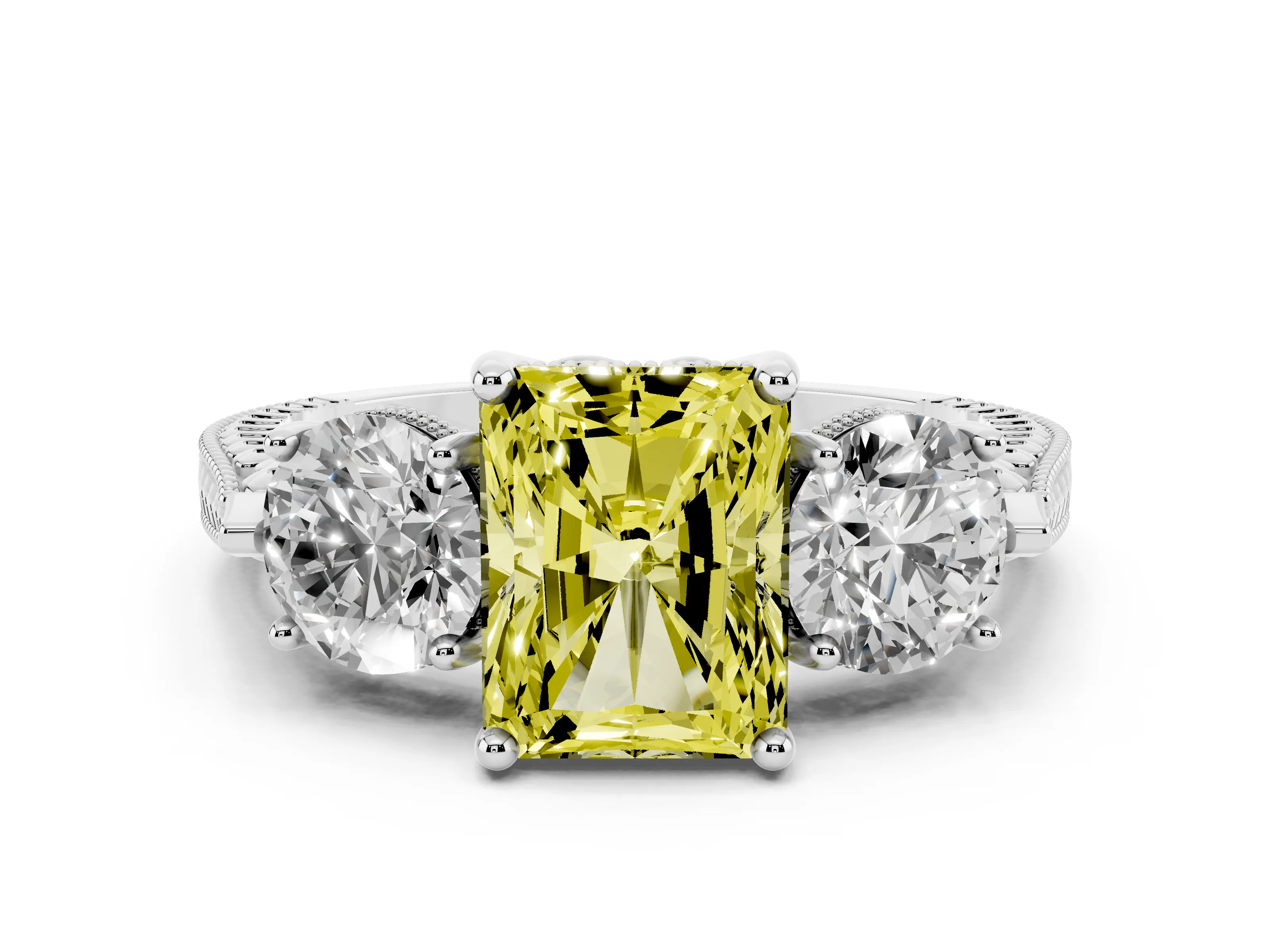 Fancy Yellow Radiant Cut Diamond Three-Stone Ring Set in Silver with Milgrain Band