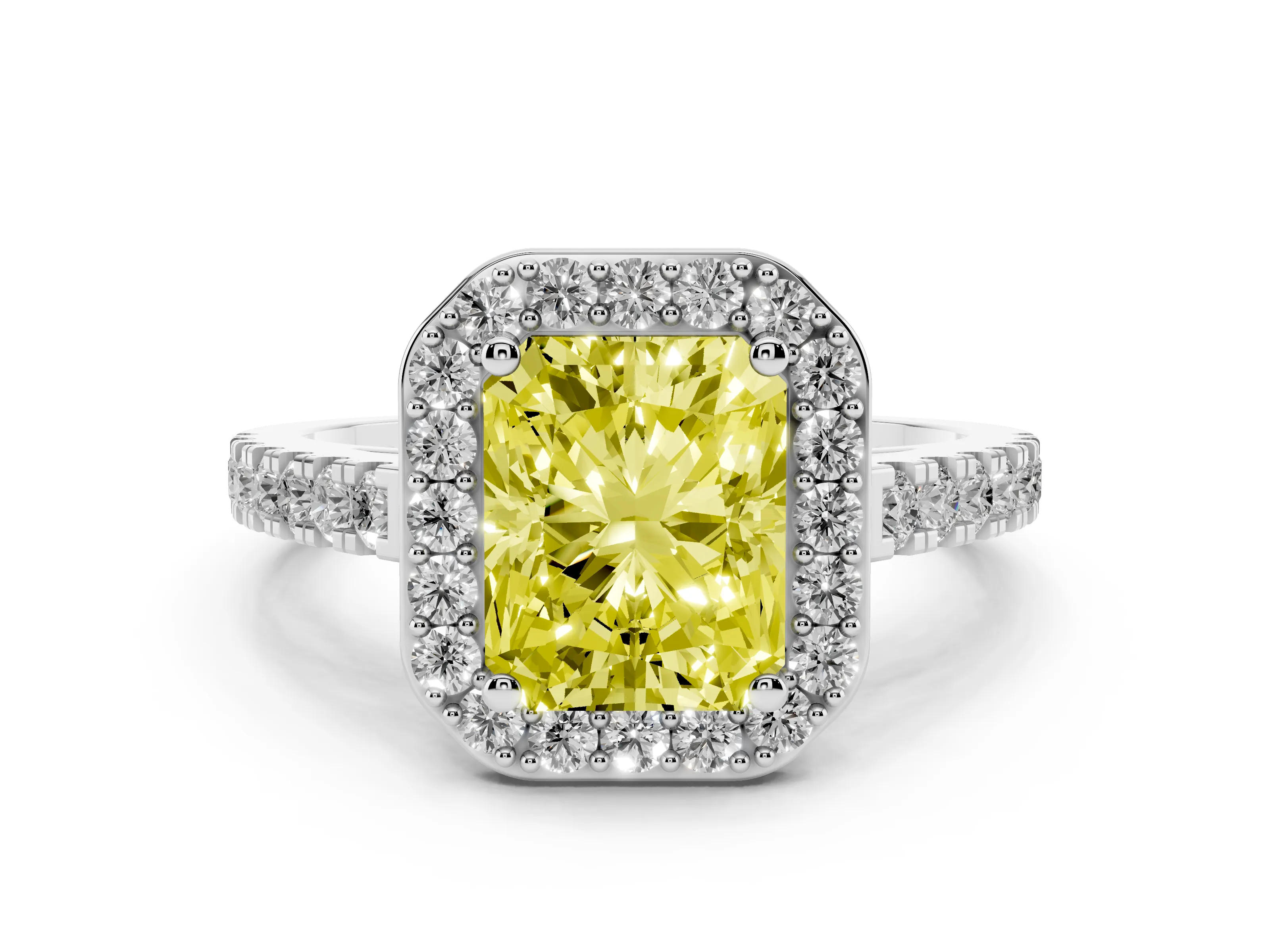 Fancy Yellow Radiant Cut Diamond Halo Ring Set in Platinum with Round Pavé Split Shank and Prong Setting