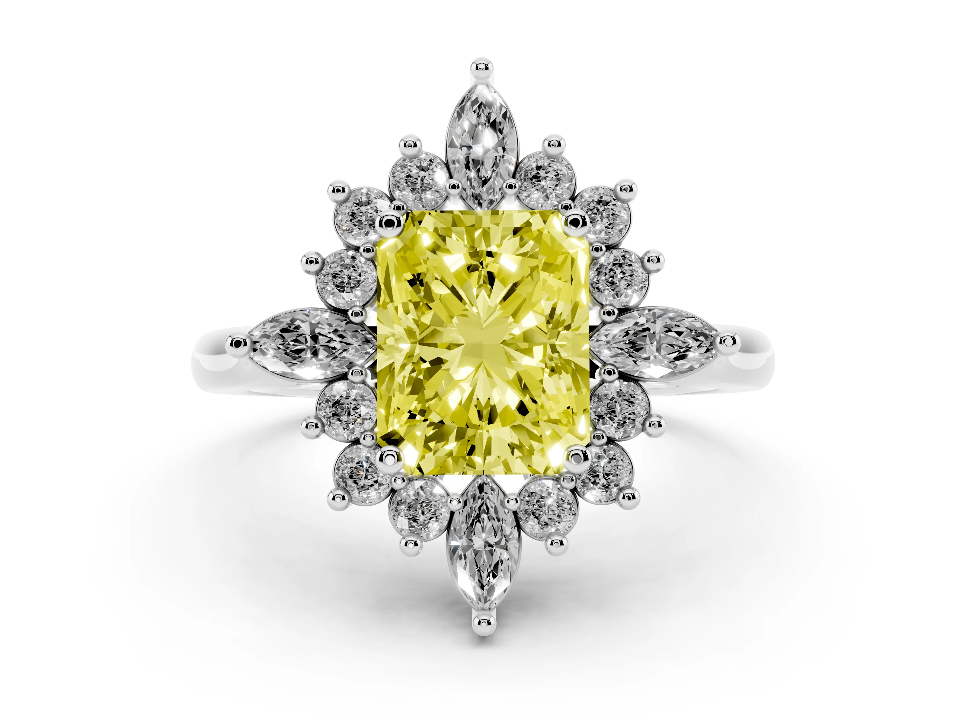 Fancy Yellow Radiant Cut Diamond Cluster Halo Ring Set in Platinum with Marquise and Round Accents