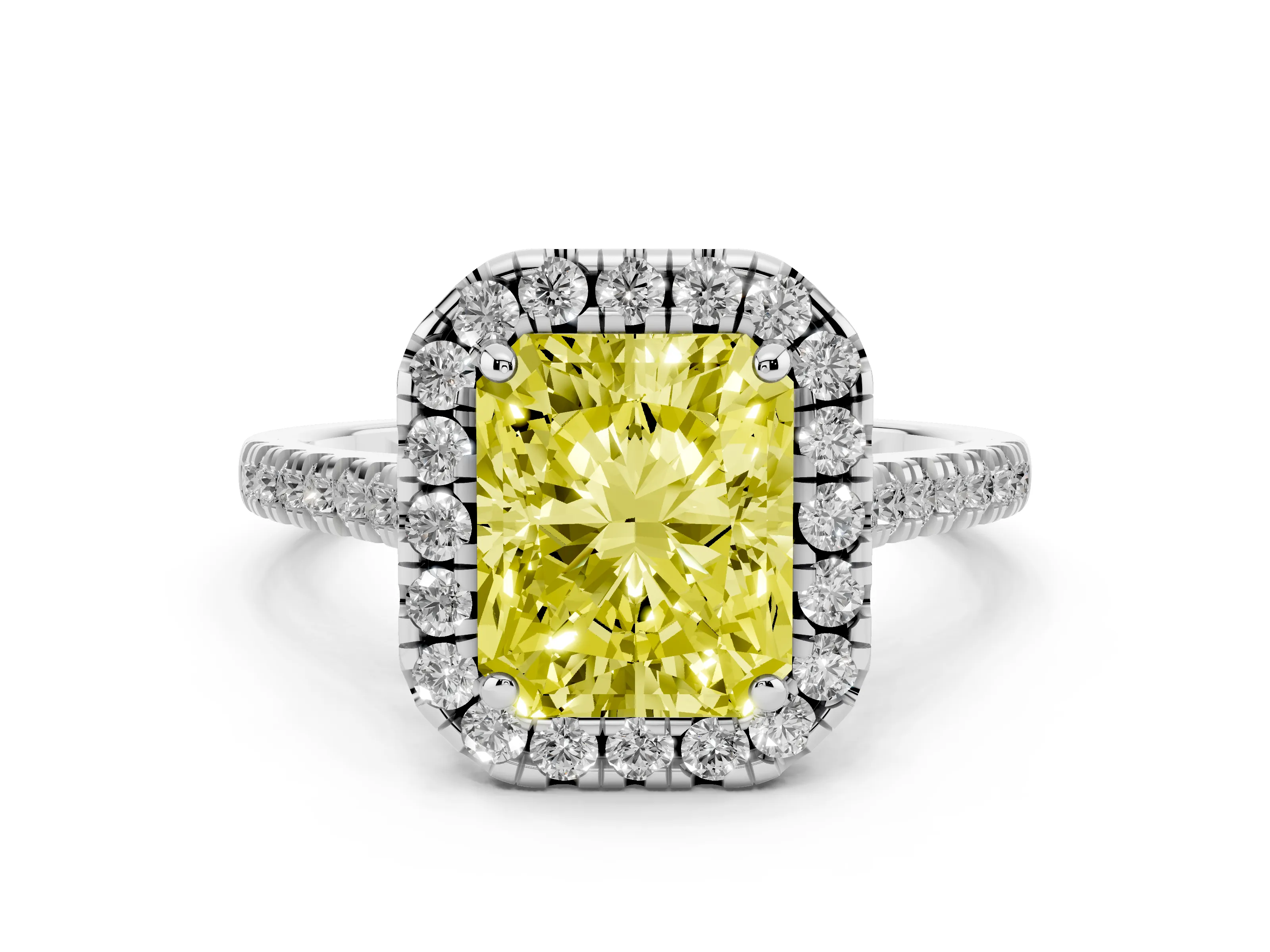 Fancy Yellow Radiant Cut Diamond Cushion Halo Ring Set in White gold with Pavé Band