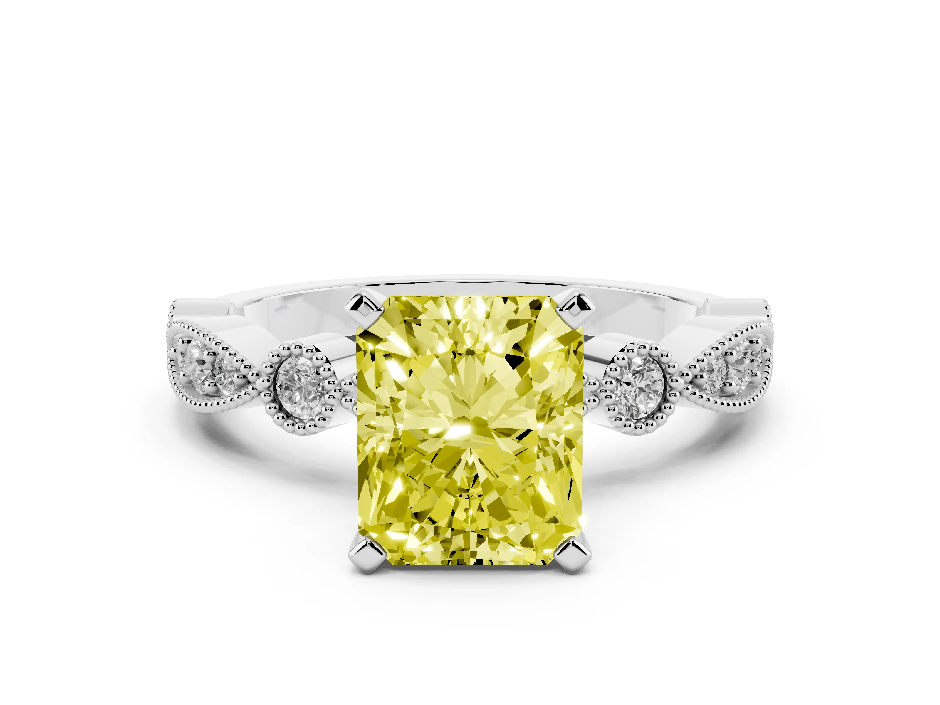 Fancy Yellow Radiant Cut Diamond Solitaire Engagement Ring Set in White gold with Milgrain Bezel Accent Band