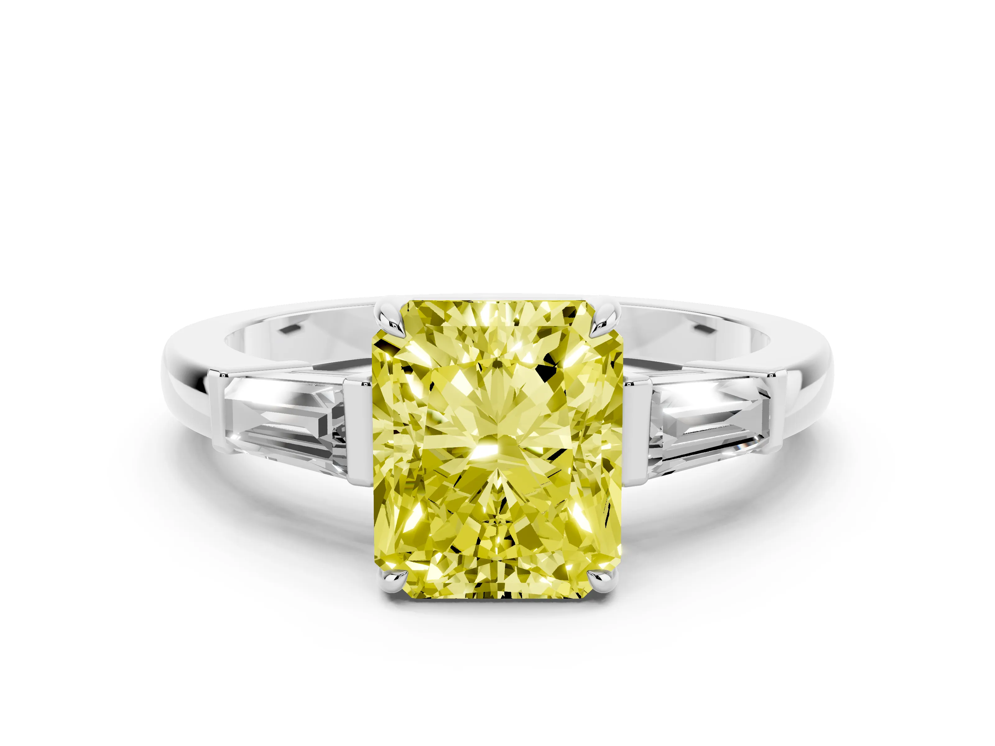 Fancy Yellow Radiant Cut Diamond Three-Stone Ring Set in Platinum with Tapered Baguette Side Stones and Prong Setting