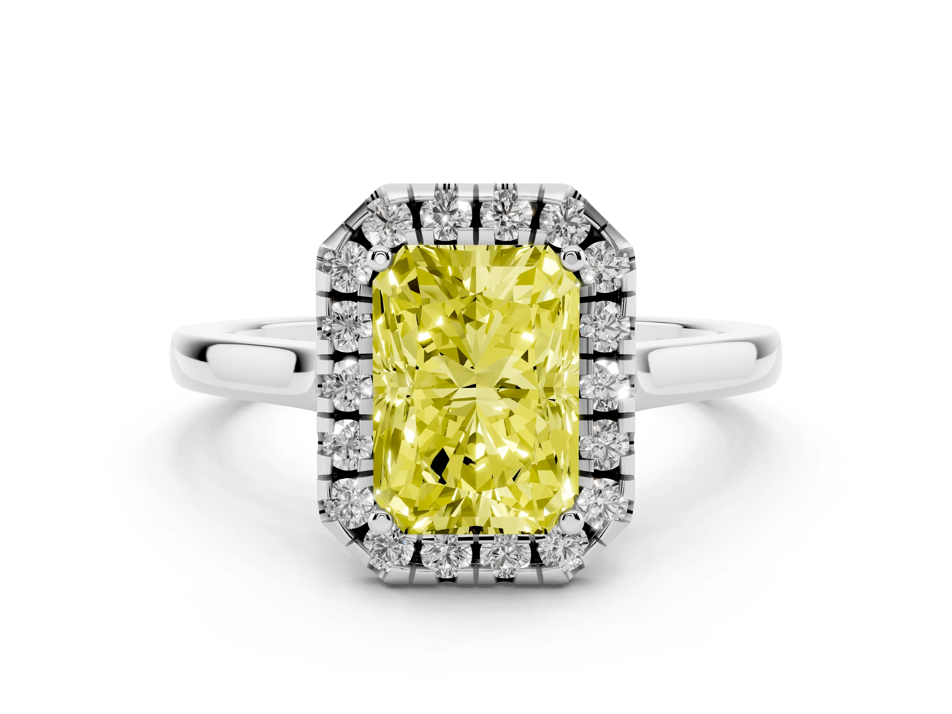 Fancy Yellow Radiant Cut Halo Round Diamond Solitaire Ring Set in White gold with Pavé Band and Prong Setting