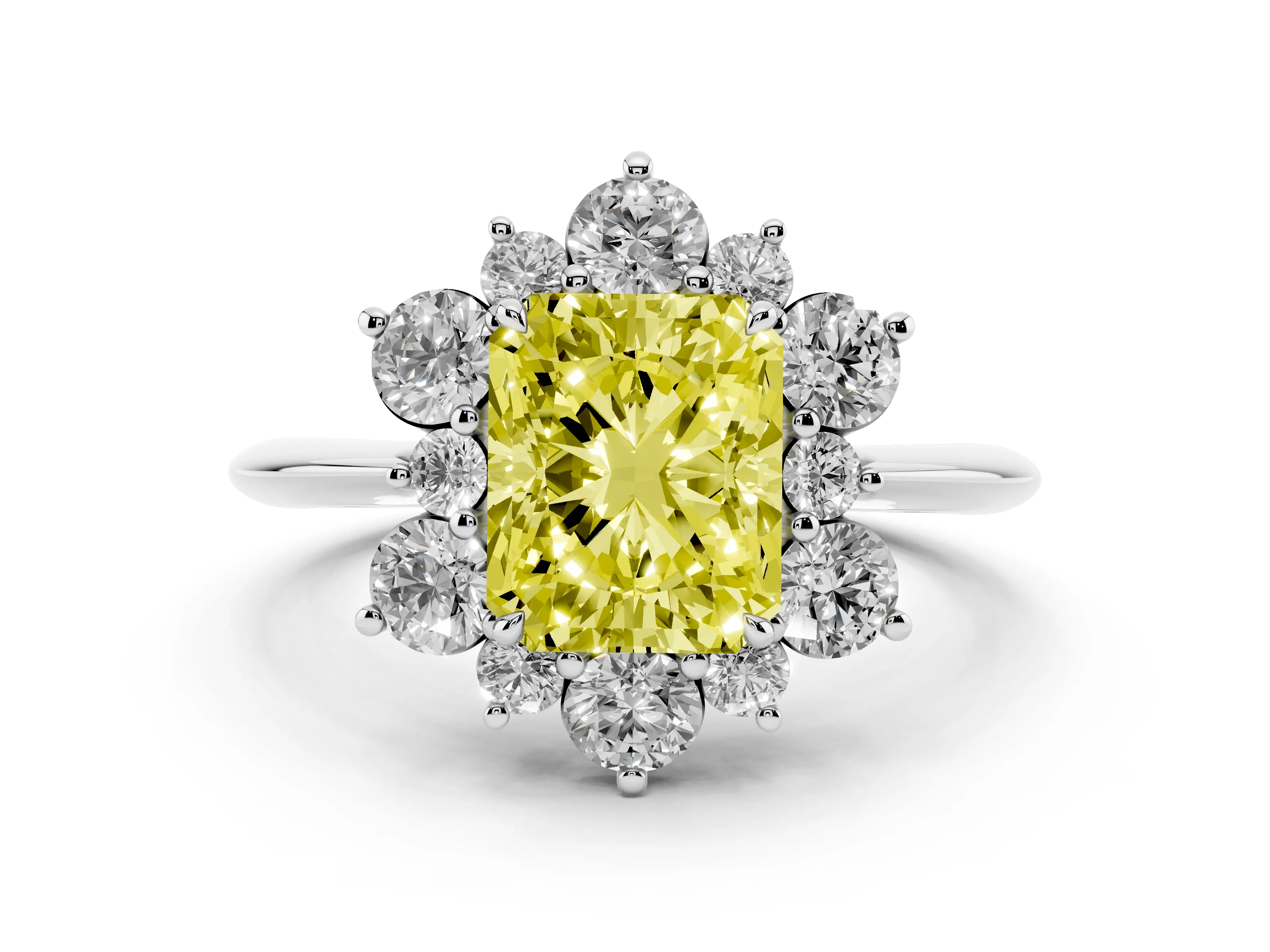 Fancy Yellow Radiant Cut Diamond Cluster Halo Ring Set in Silver with Solitaire Band and Prong Setting