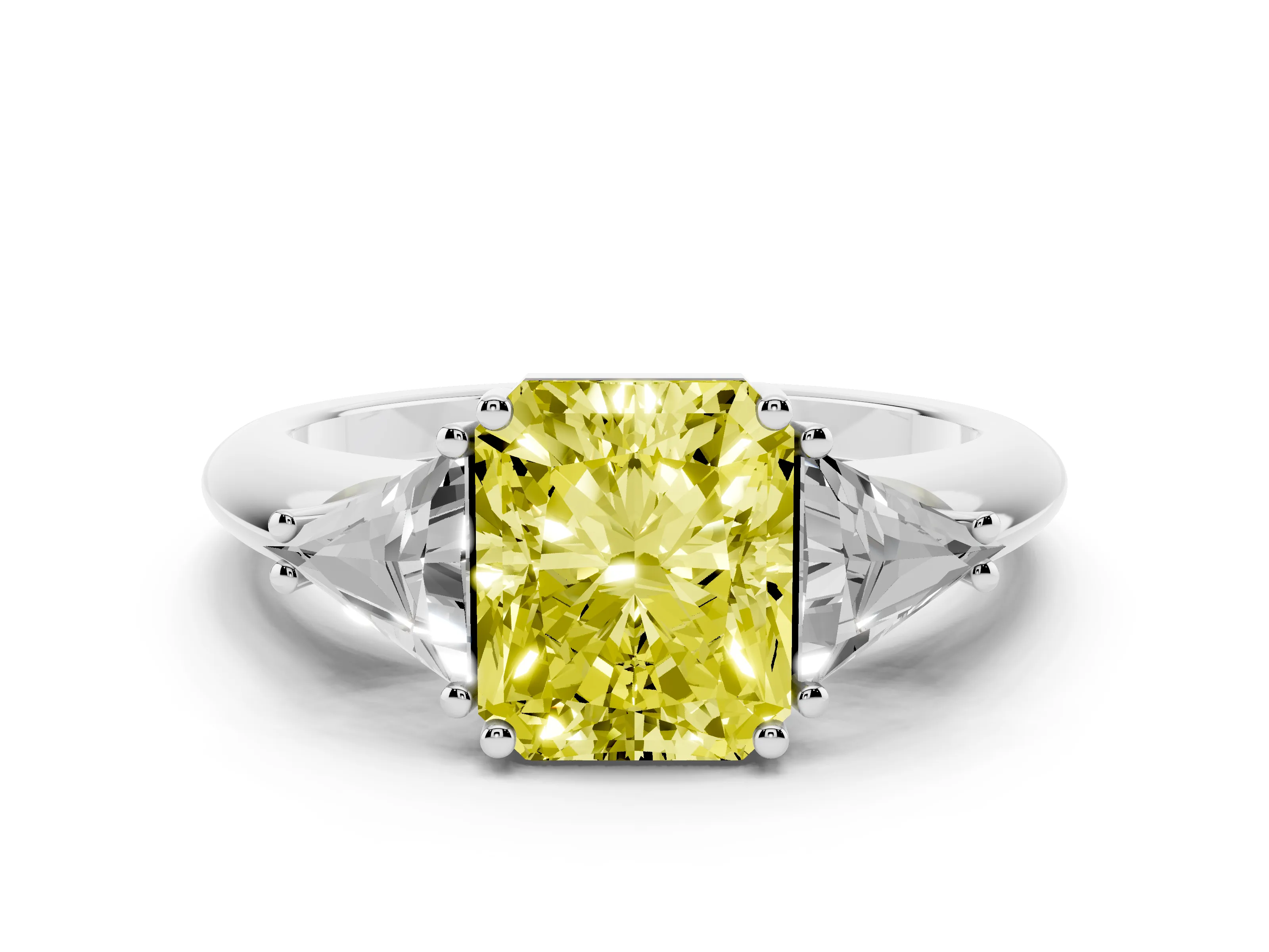 Fancy Yellow Radiant Cut Diamond Three-Stone Engagement Ring Set in Platinum with Trillion Side Stones