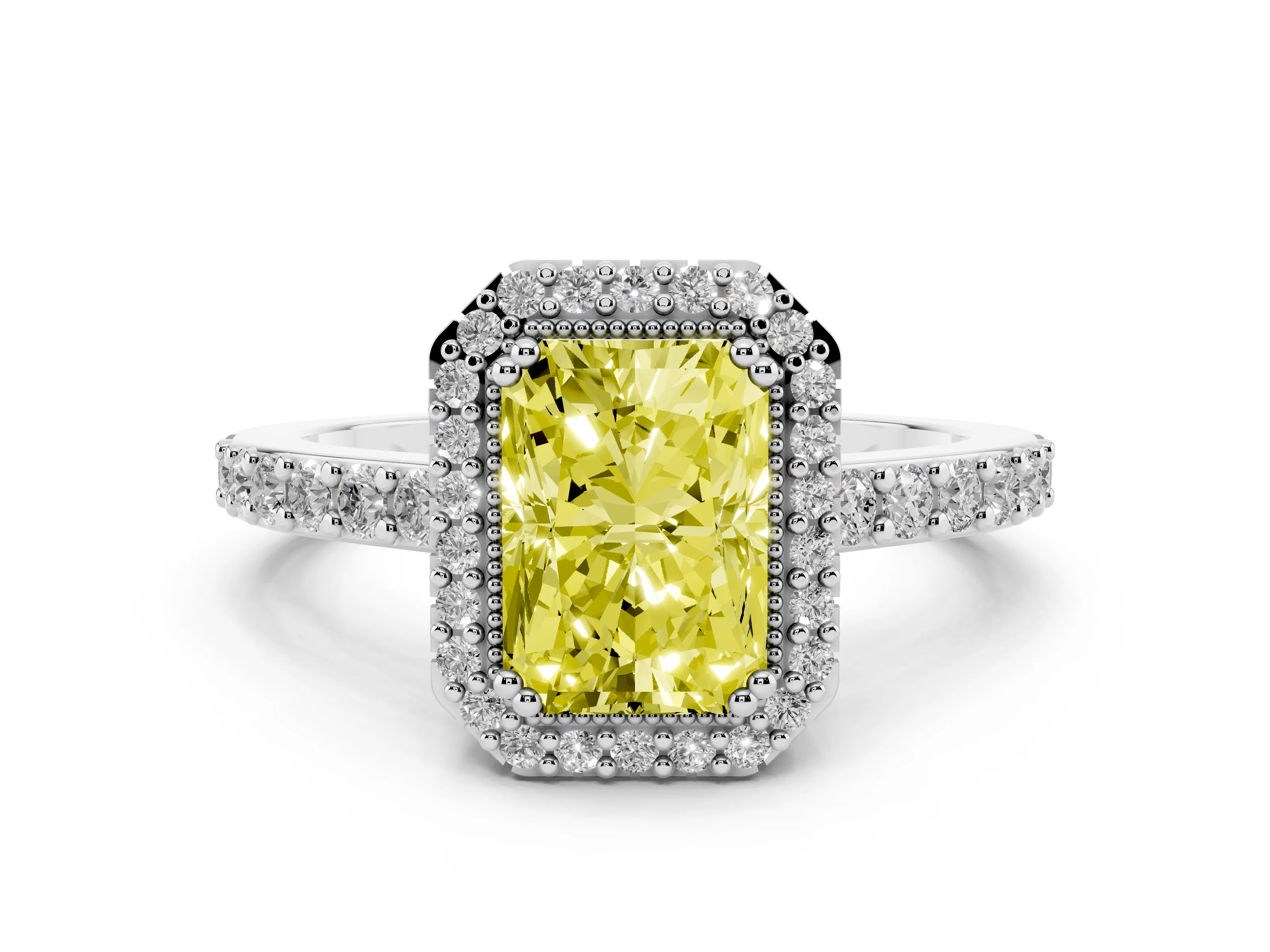 Fancy Yellow Radiant Cut Diamond Halo Engagement Ring Set in Platinum with Milgrain Detail and Pavé Band