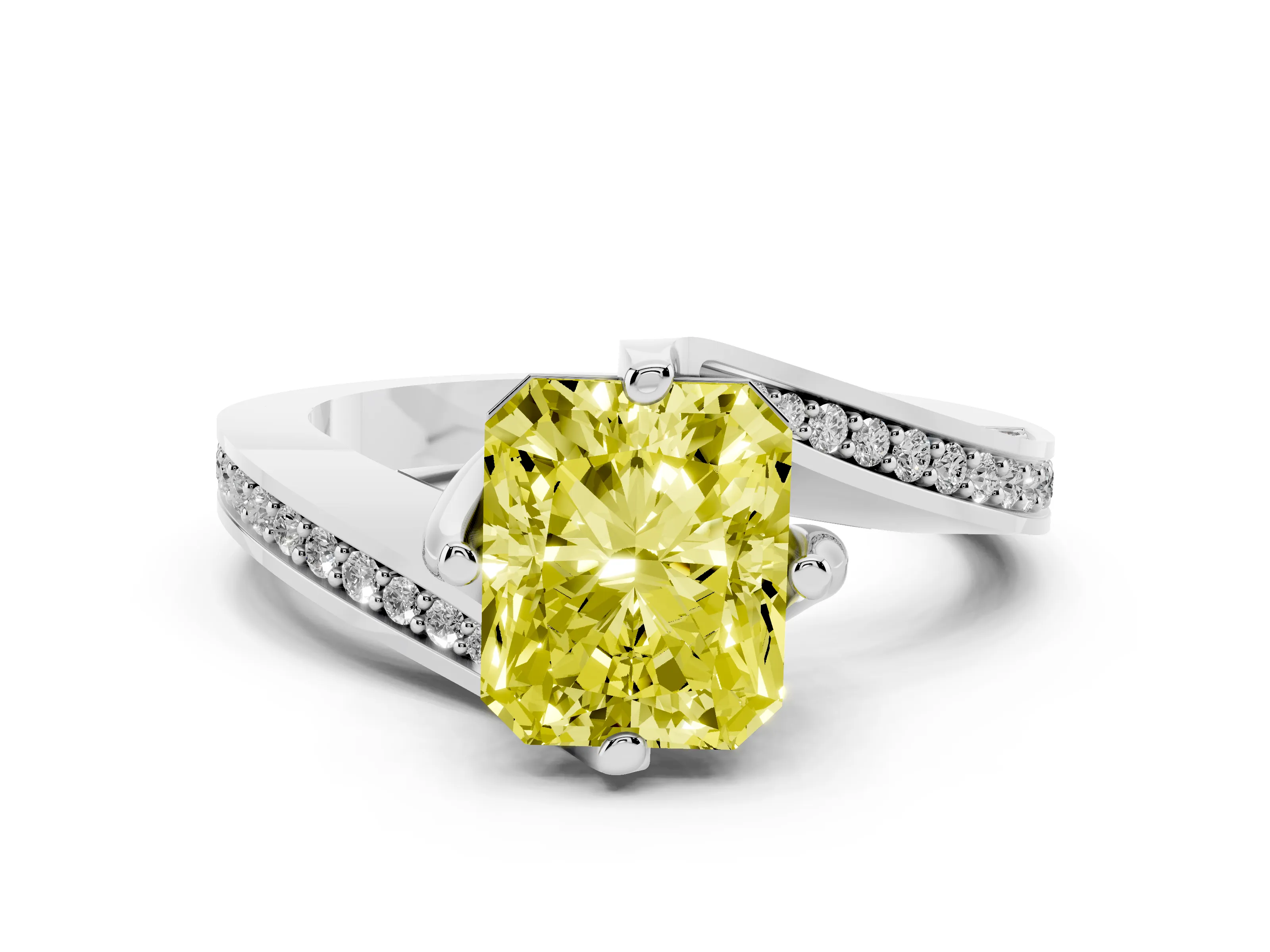 Fancy Yellow Radiant Cut Diamond Solitaire Ring Set in White gold with Intertwined Pavé Twist Band