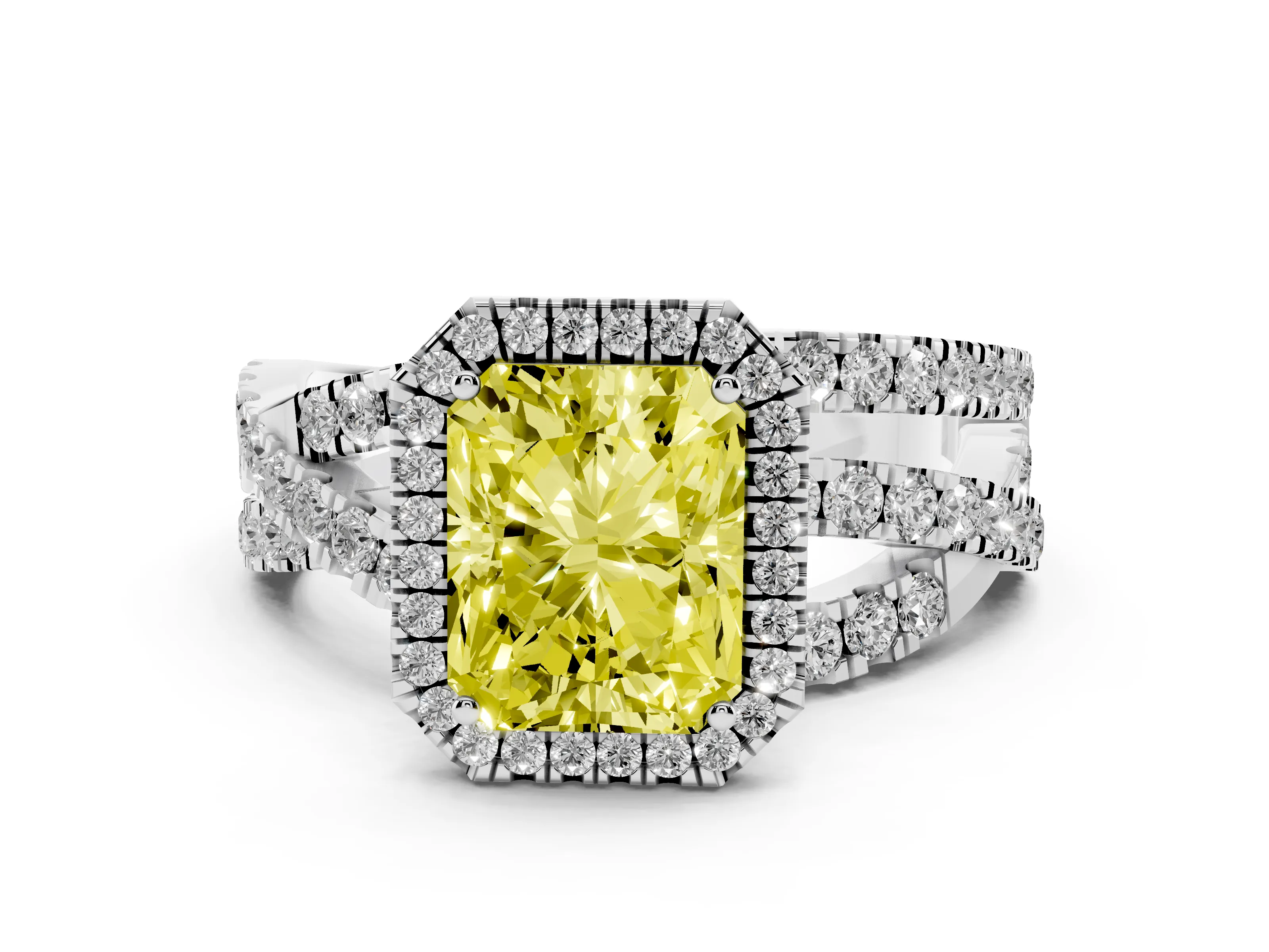 Fancy Yellow Radiant Cut Diamond Halo Ring Set in Platinum with Round Crossover Split Shank and Prong Setting