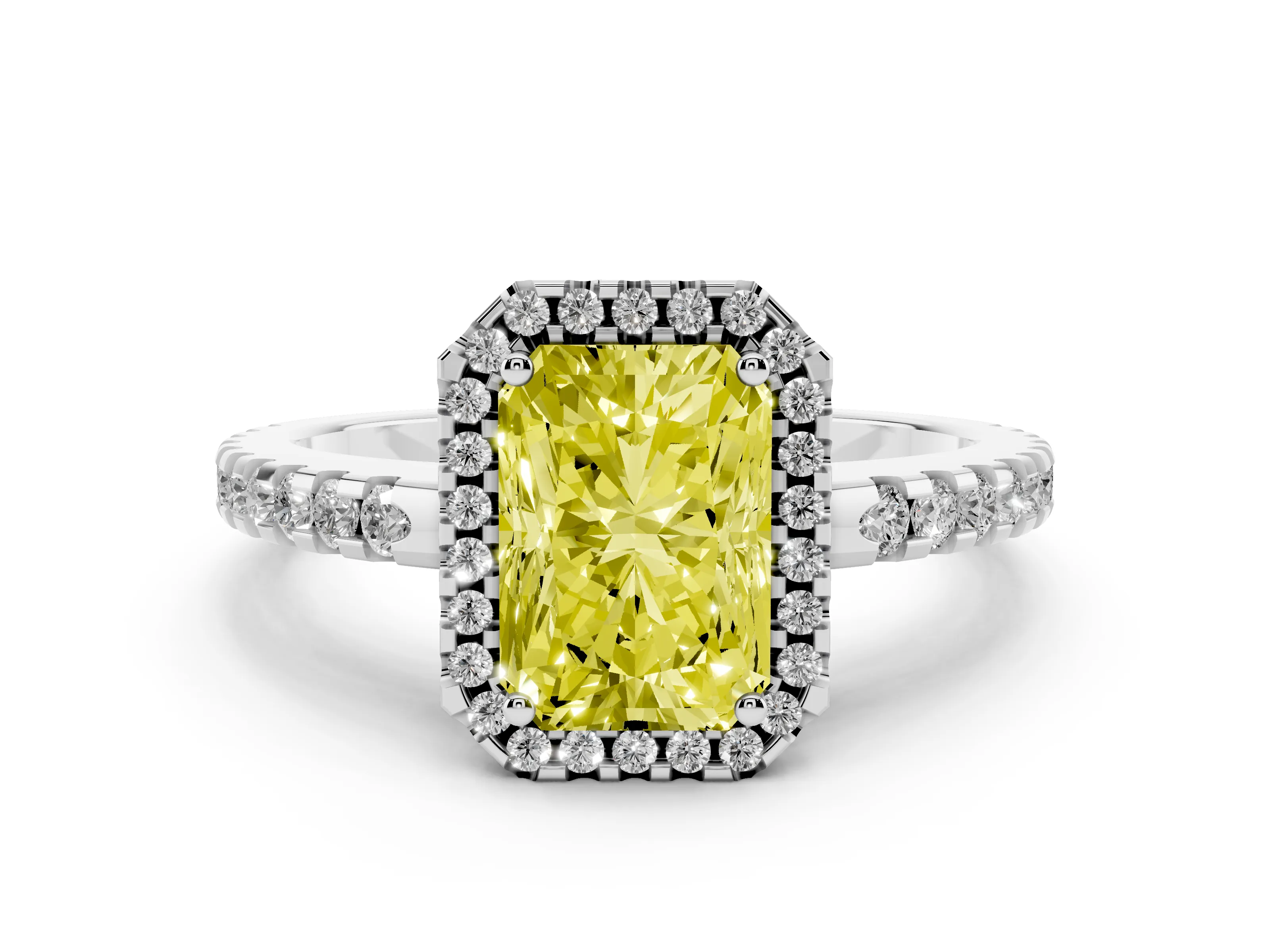 Fancy Yellow Radiant Cut Diamond Halo Ring Set in Platinum with Pavé Shoulders and Halo-Framed Center