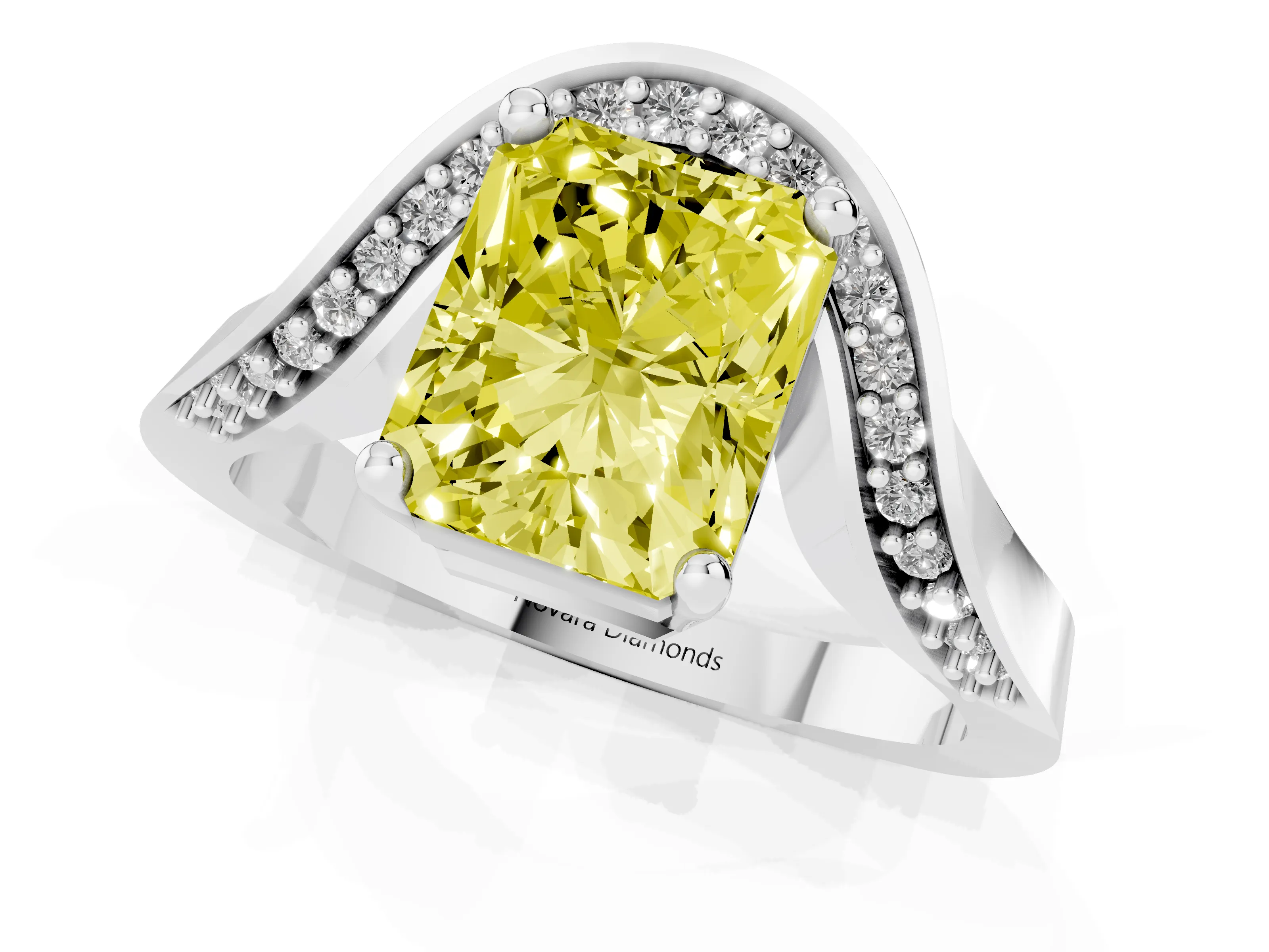 Fancy Yellow Radiant Cut Diamond Solitaire Engagement Ring Set in Platinum with Pavé Shoulders