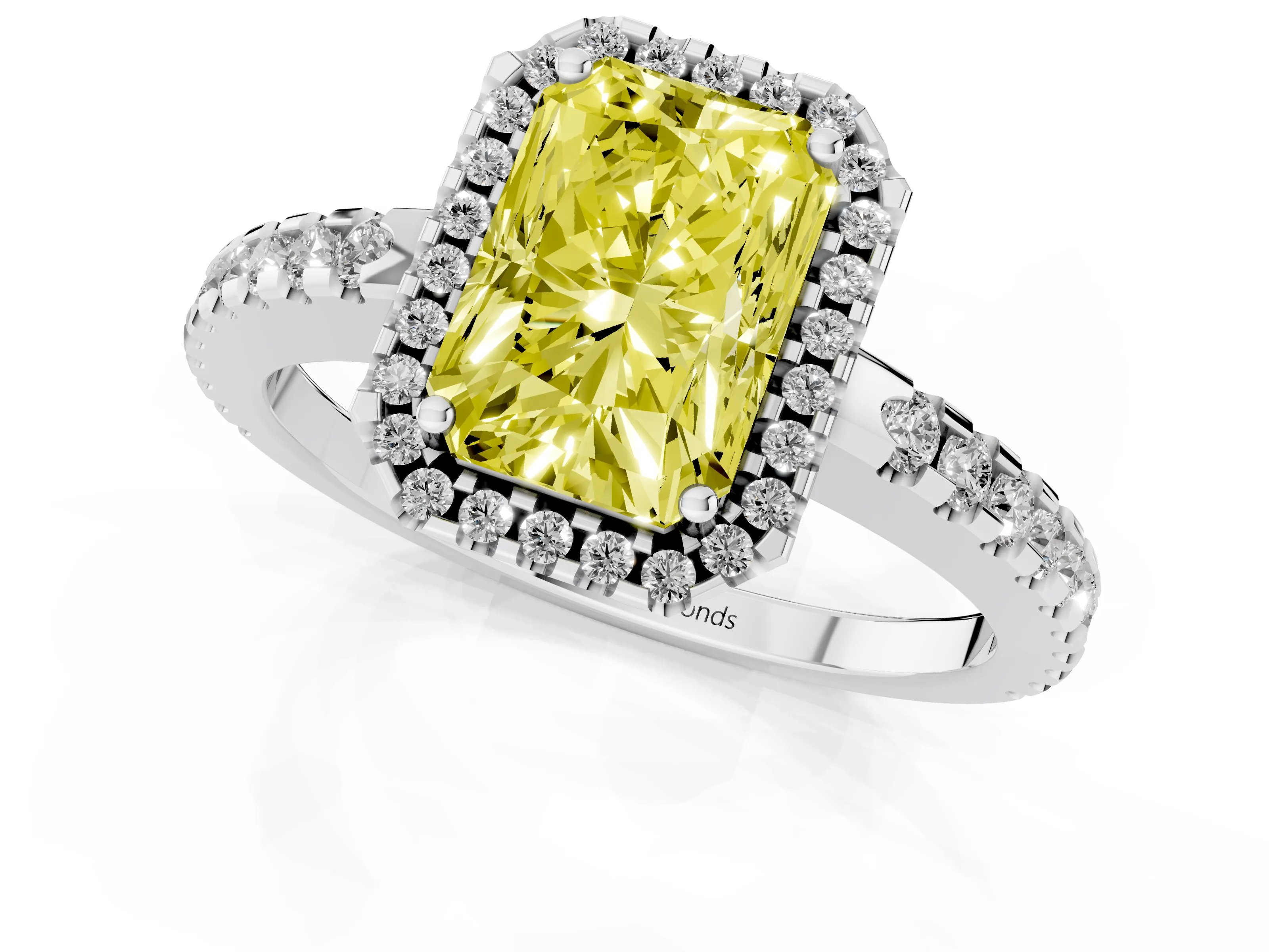 Fancy Yellow Radiant Cut Diamond Halo Ring Set in Platinum with Pavé Shoulders and Halo-Framed Center