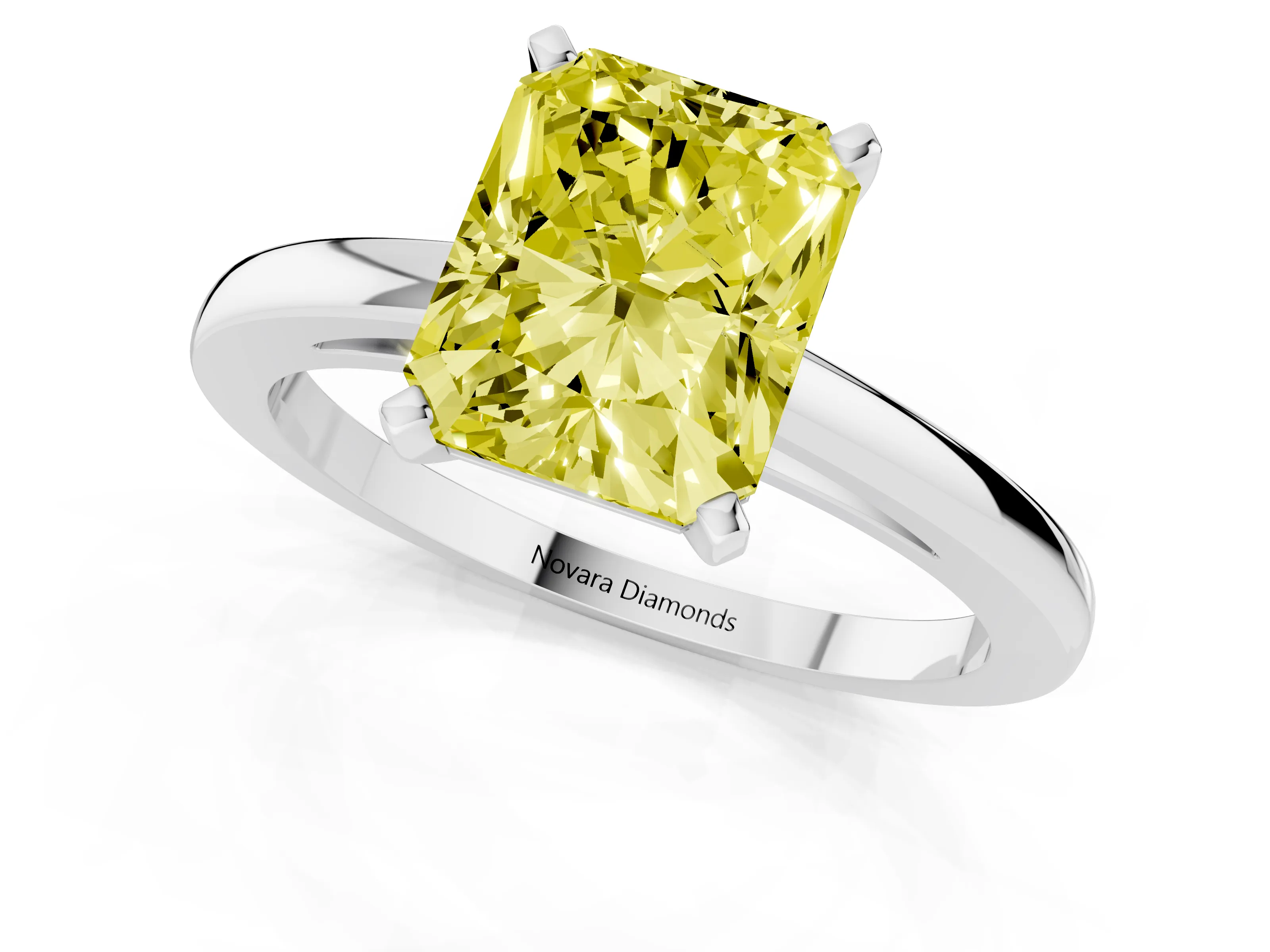 Fancy Yellow Radiant Cut Diamond Solitaire Engagement Ring Set in Platinum with Prong Setting on a Classic Band