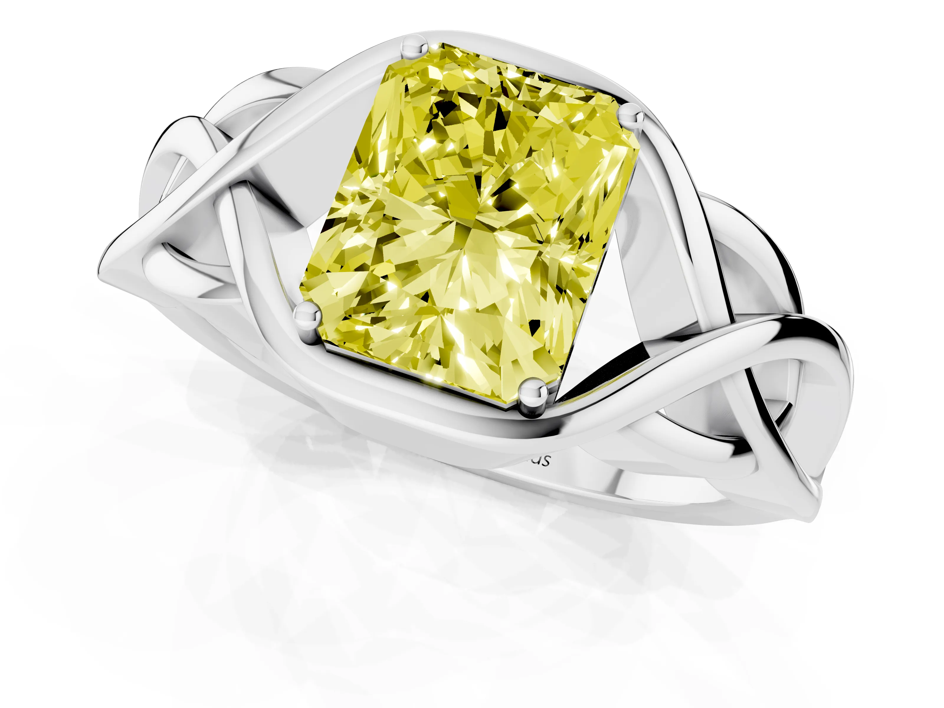 Fancy Yellow Radiant Cut Diamond Solitaire Ring Set in Silver with Intertwined Band