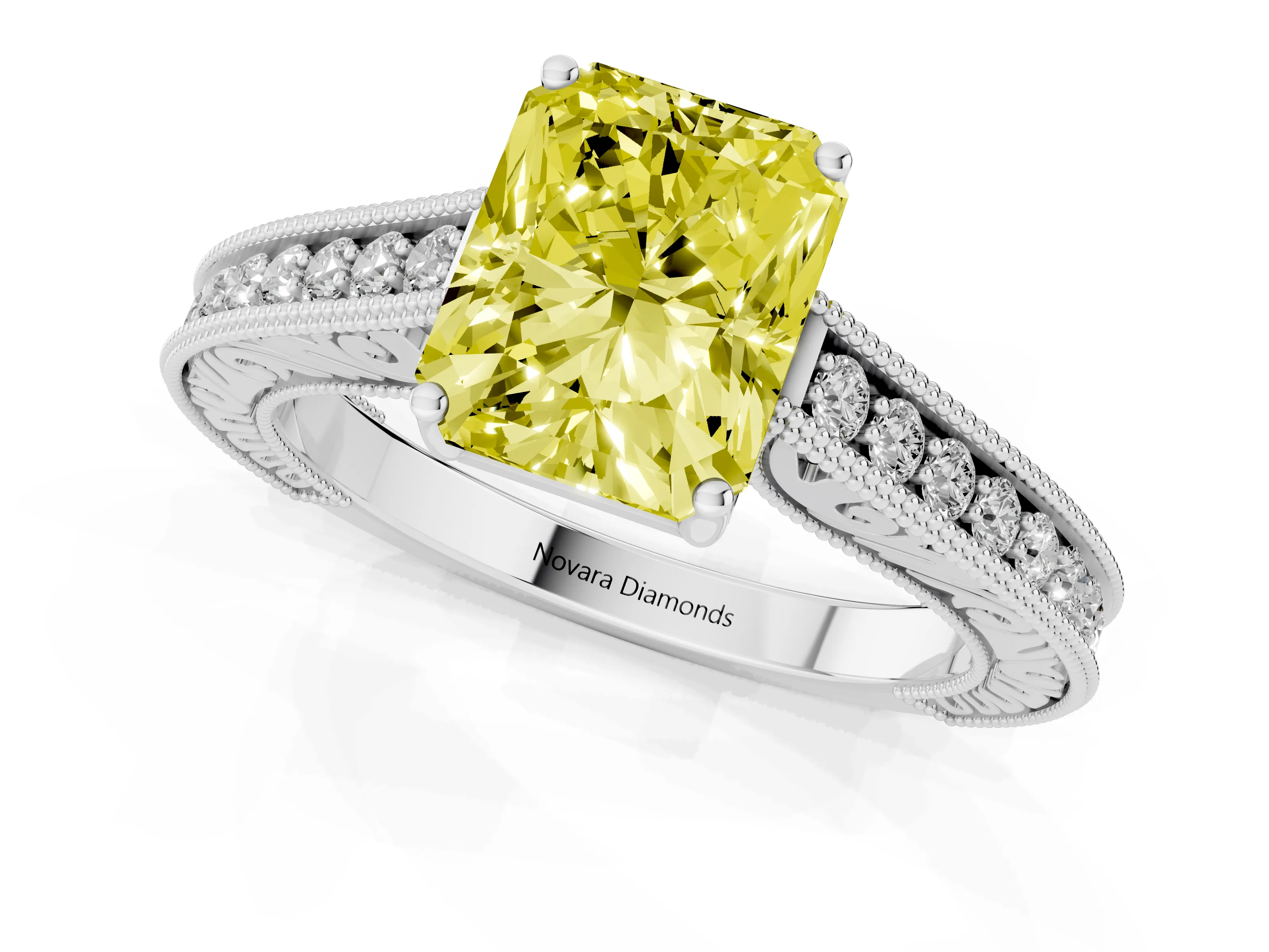 Fancy Yellow Radiant Cut Diamond Milgrain Pavé Band Solitaire Ring Set in Platinum with Prong Setting