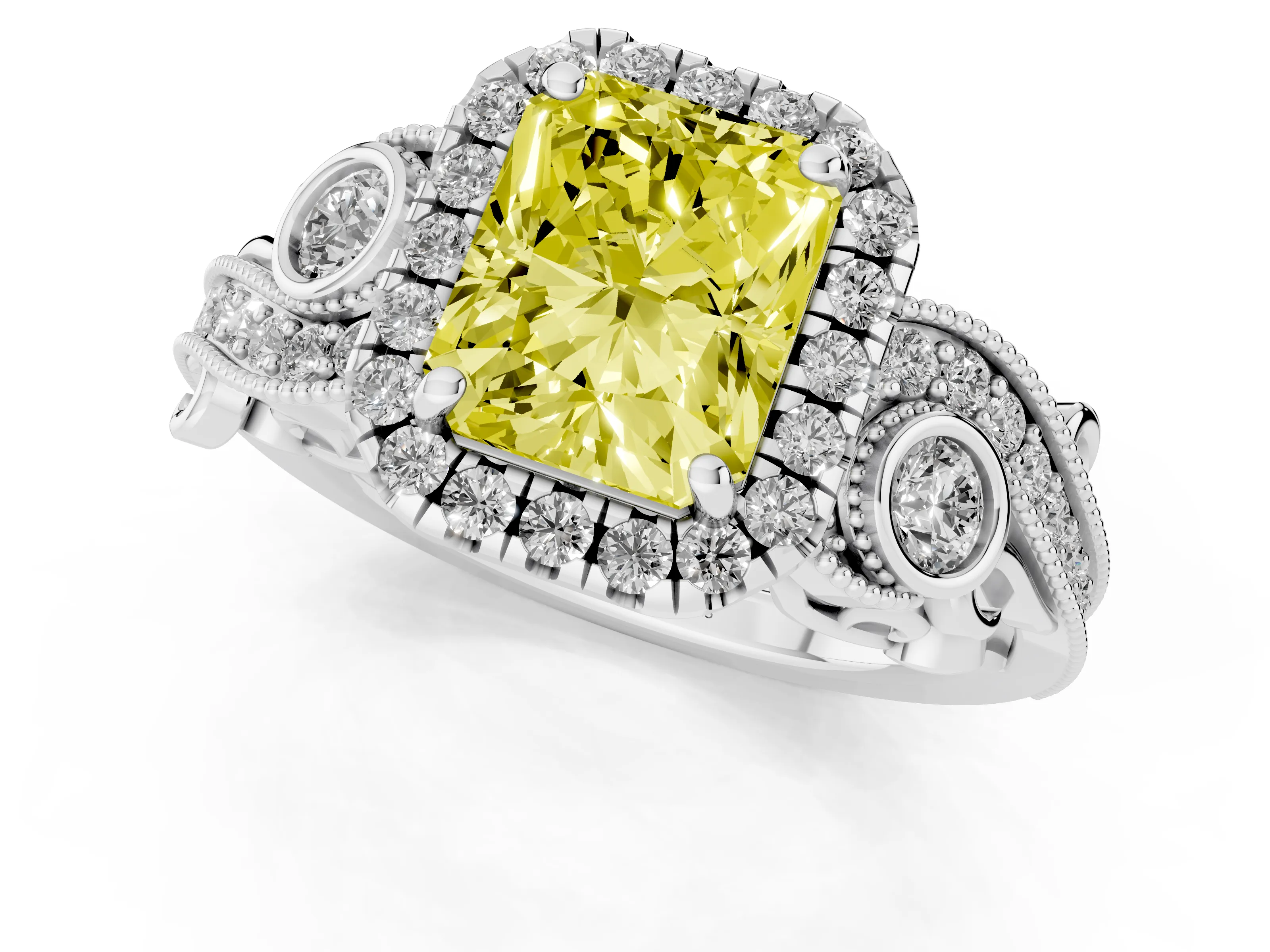 Fancy Yellow Radiant Cut Diamond Halo Ring Set in White gold with Milgrain Pavé Band and Prong Setting