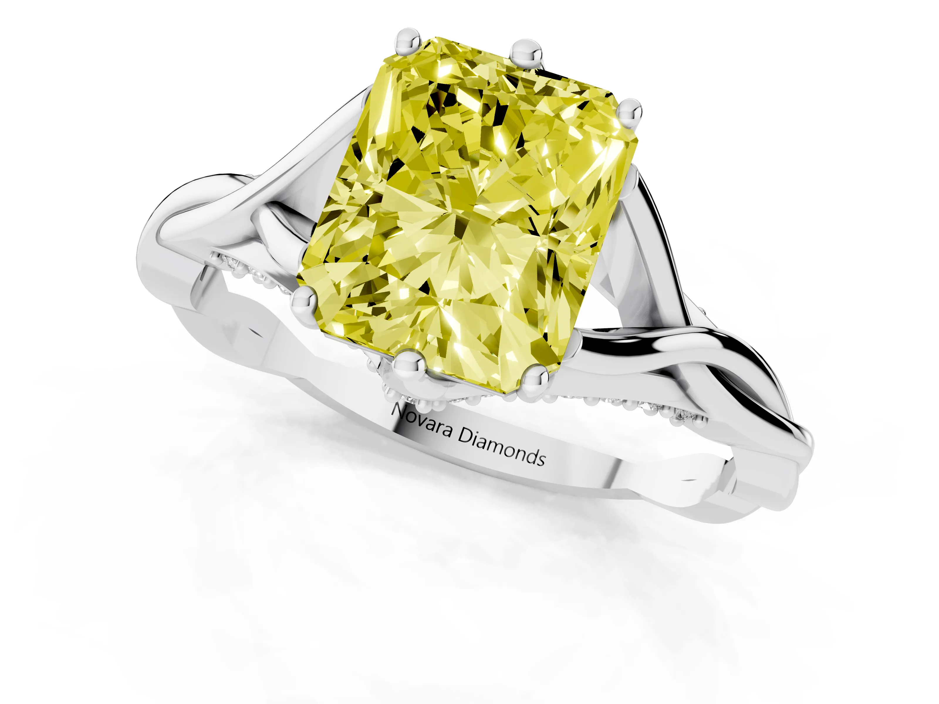 Fancy Yellow Radiant Cut Diamond Intertwined Twist Band Solitaire Ring Set in White gold with Prong Setting