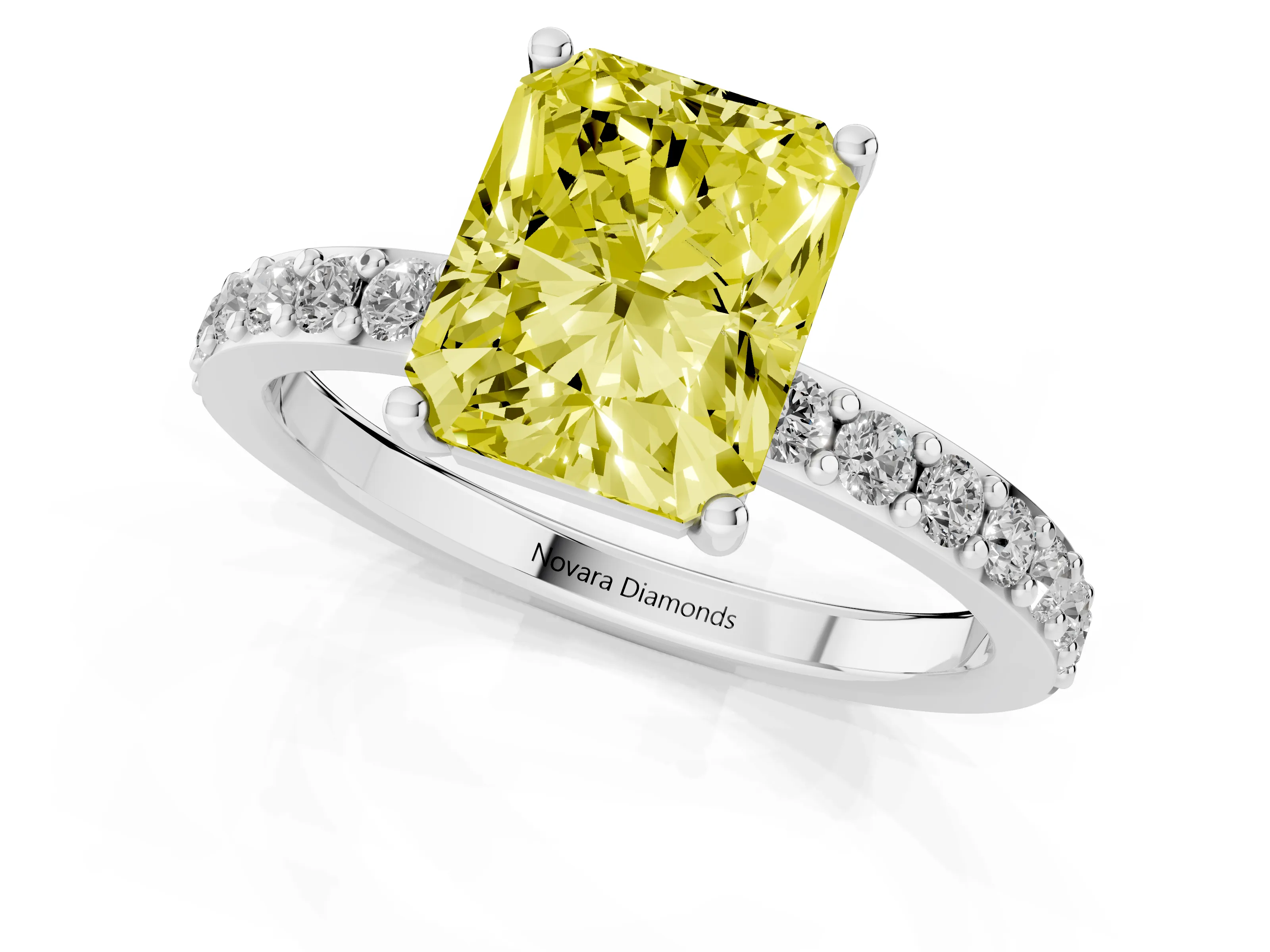Fancy Yellow Radiant Cut Diamond Solitaire Set in White gold with Round Pavé Band and Prong Setting