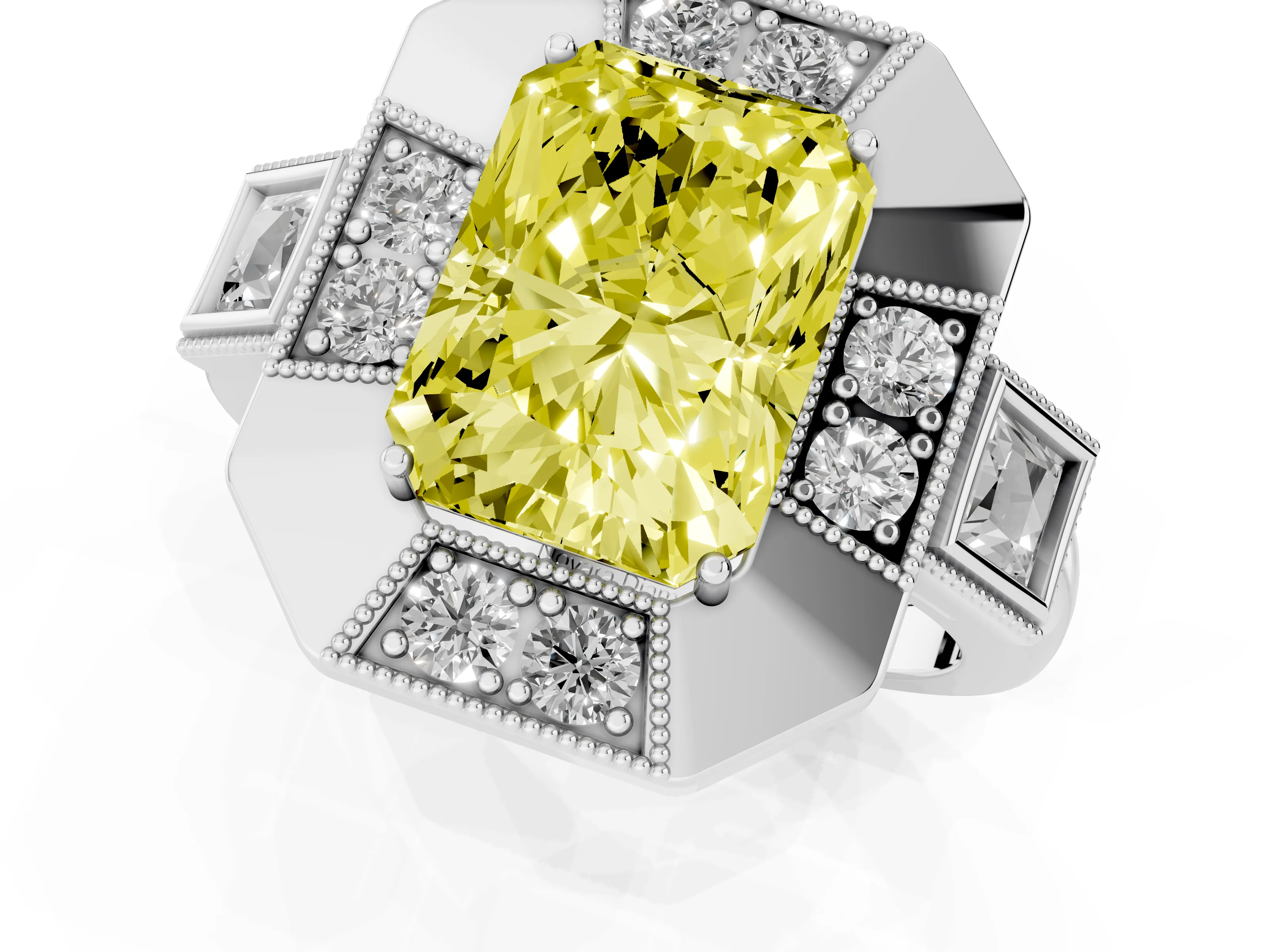 Fancy Yellow Radiant Cut Diamond Milgrain Halo Ring Set in Silver with Split Shank