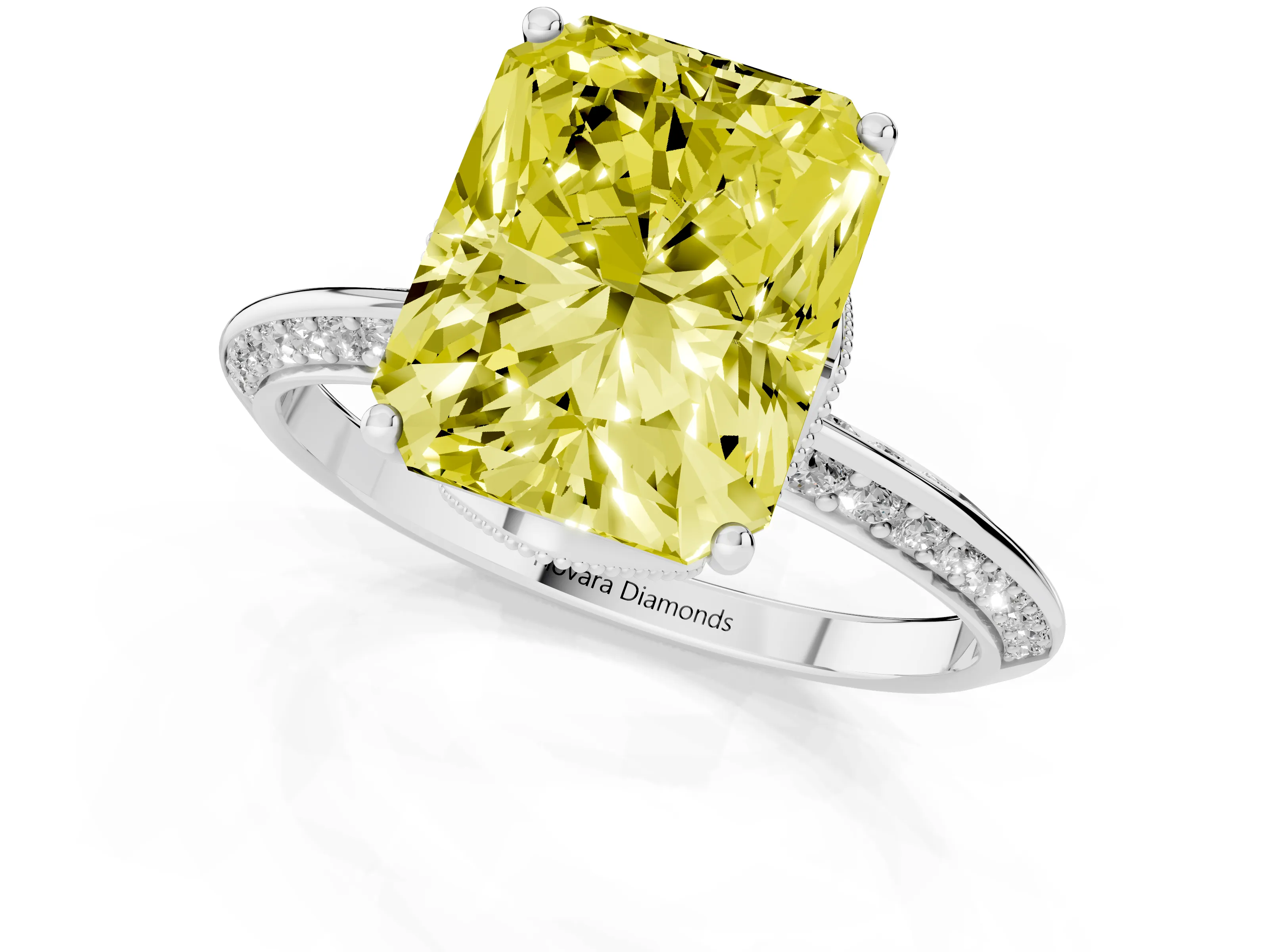 Fancy Yellow Radiant Cut Diamond Solitaire Engagement Ring Set in Silver with Pavé Split Shank and Prong Setting