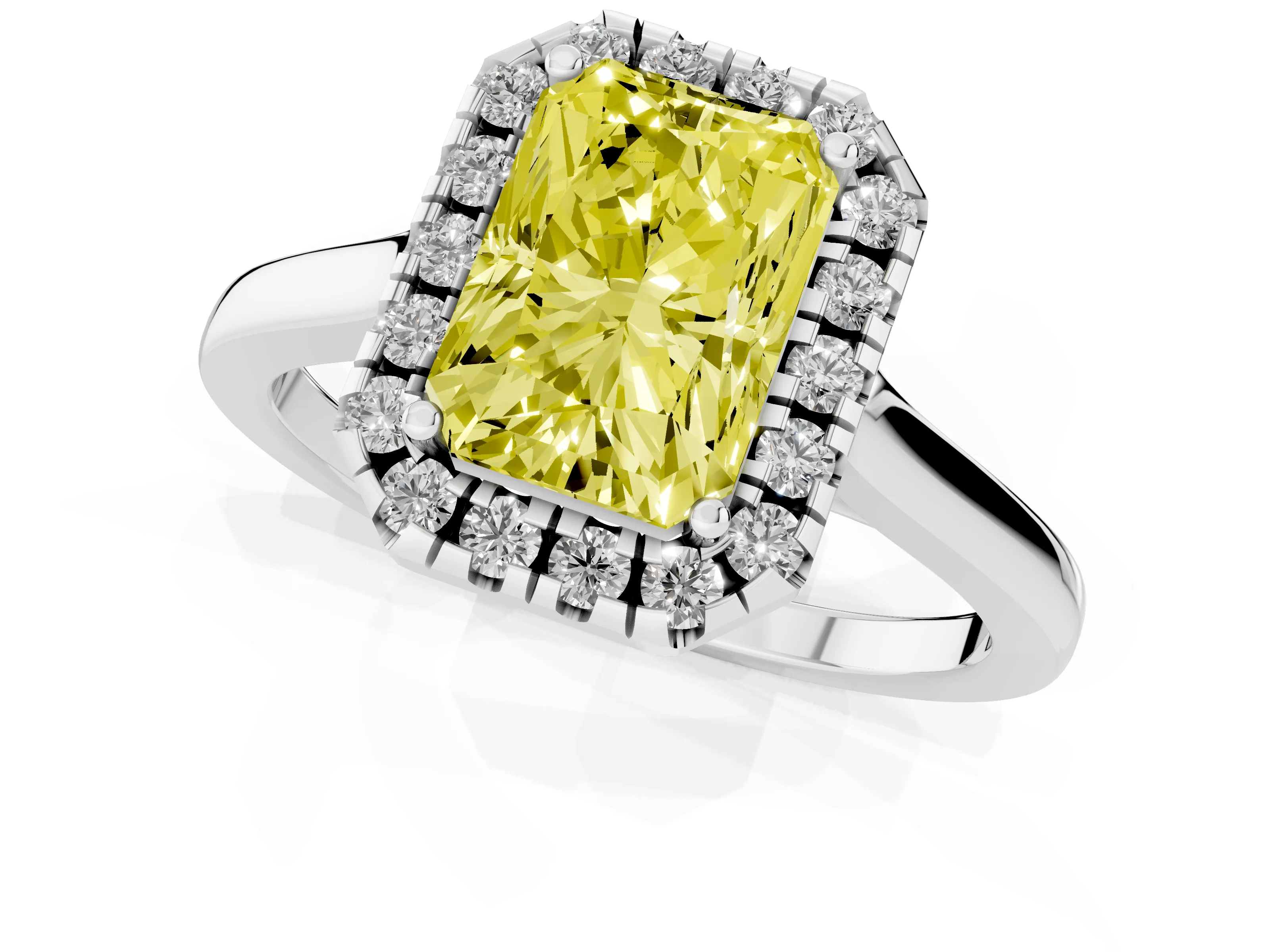 Fancy Yellow Radiant Cut Halo Round Diamond Solitaire Ring Set in White gold with Pavé Band and Prong Setting