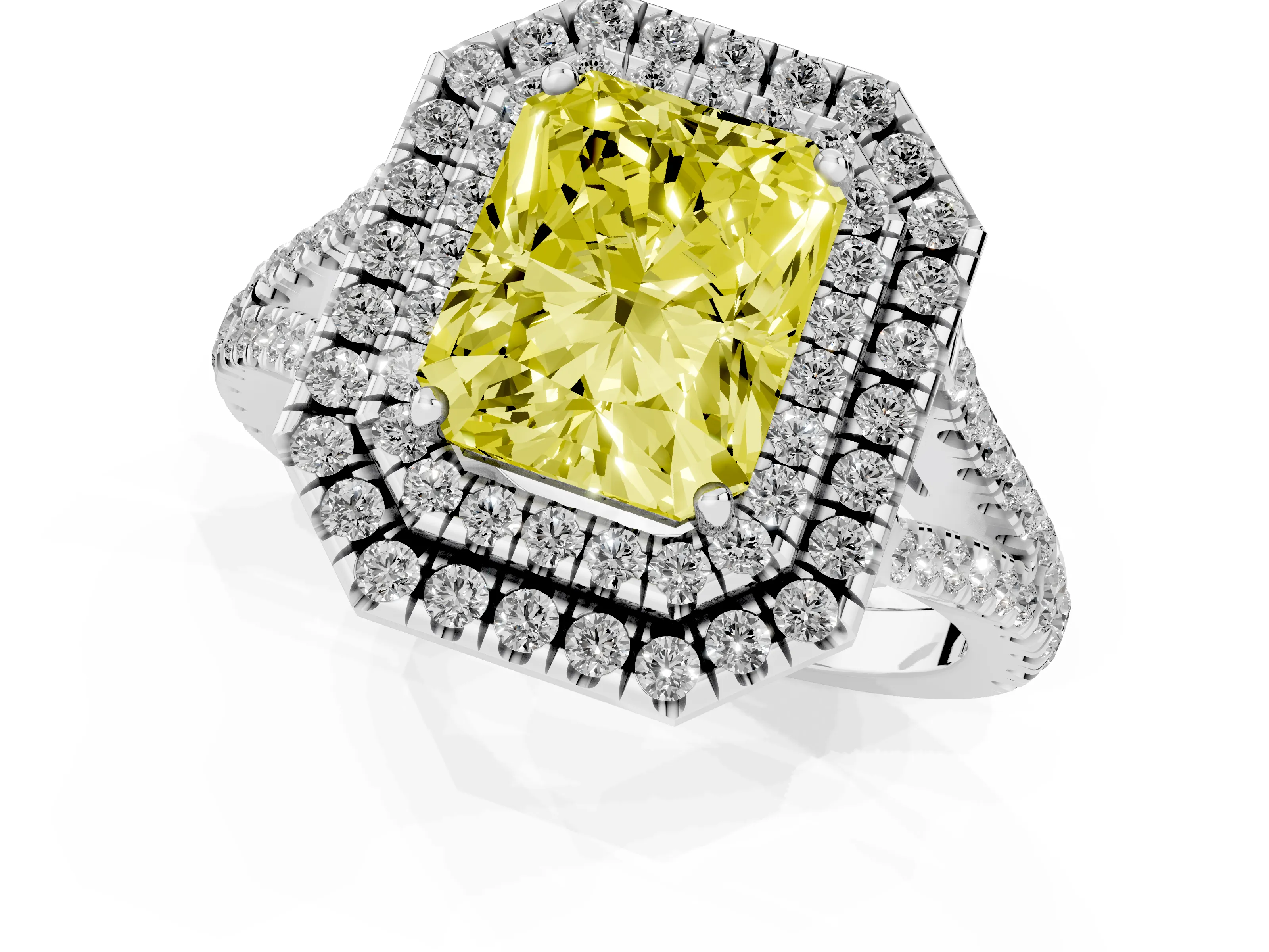 Fancy Yellow Radiant Cut Diamond Double Halo Ring Set in White gold with Pavé Band
