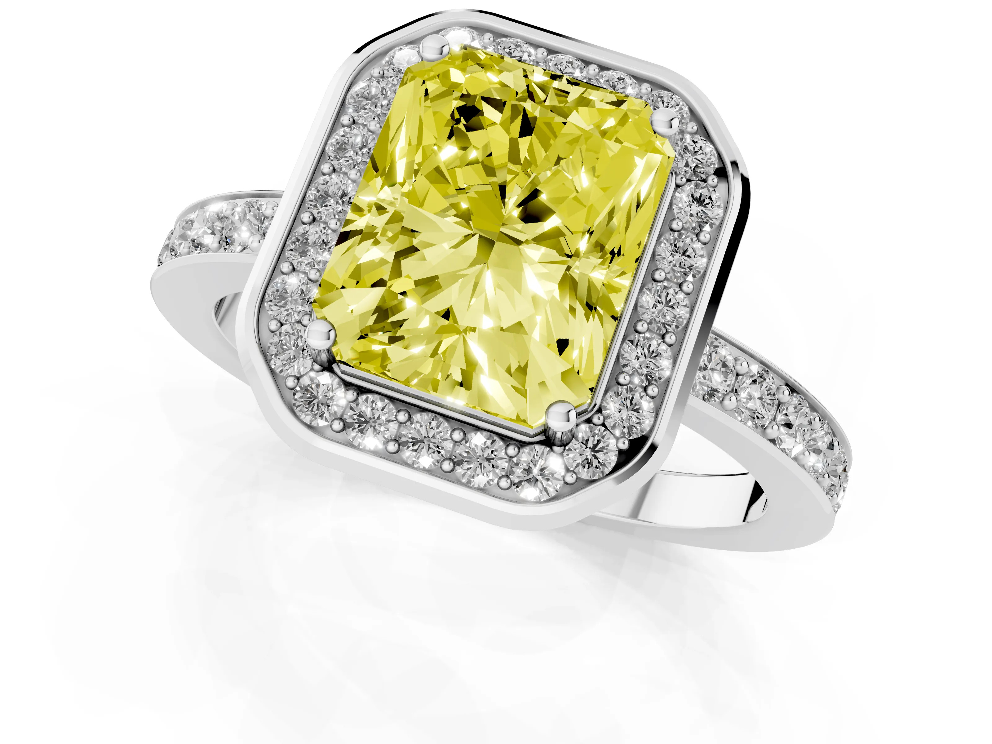 Fancy Yellow Radiant Cut Diamond Halo Ring Set in Silver with Bezel Frame and Pavé Band