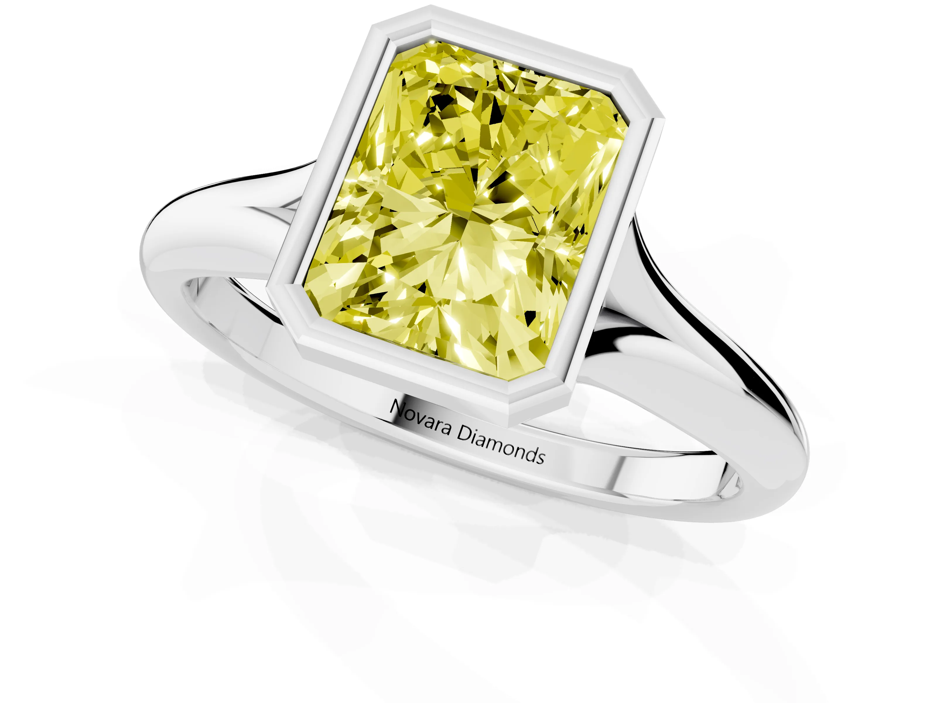 Fancy Yellow Bezel Set Radiant Cut Diamond Solitaire Ring Set in White gold with Smooth Band