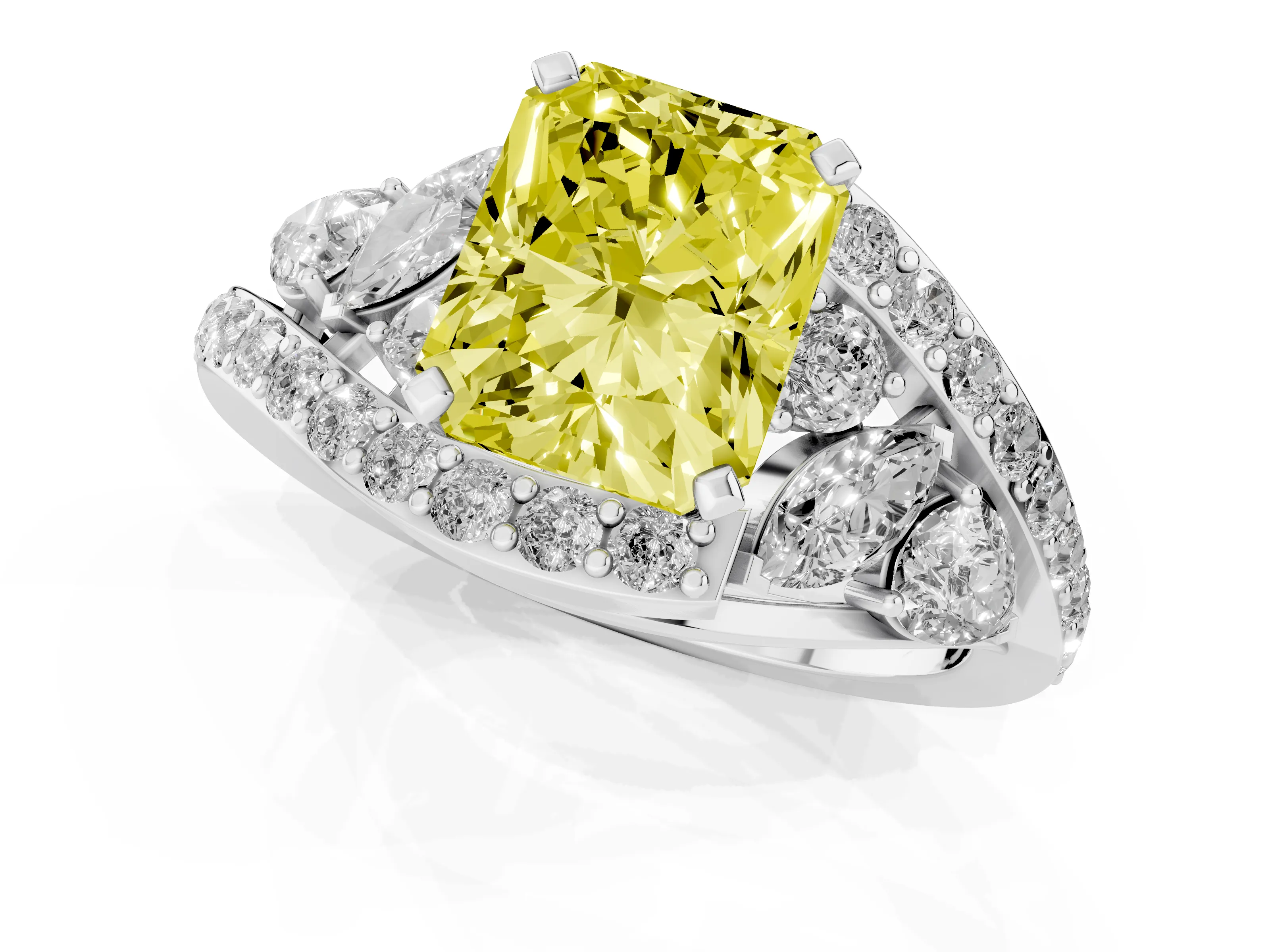 Fancy Yellow Radiant Cut Diamond Halo Ring Set in Silver with Marquise and Pavé Band in Prong Setting