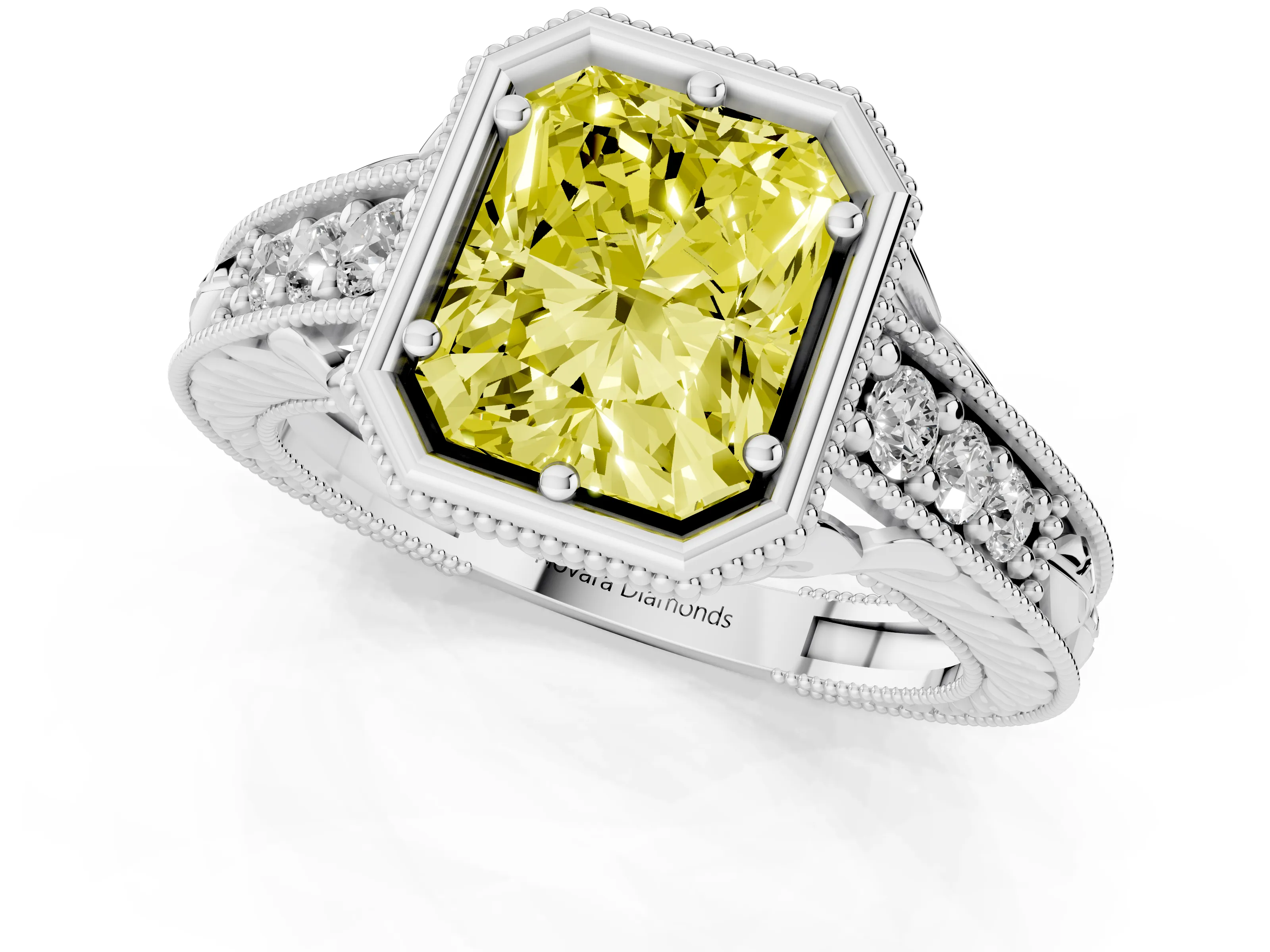 Fancy Yellow Bezel Set Radiant Cut Diamond Milgrain Pavé Engagement Ring Set in Silver