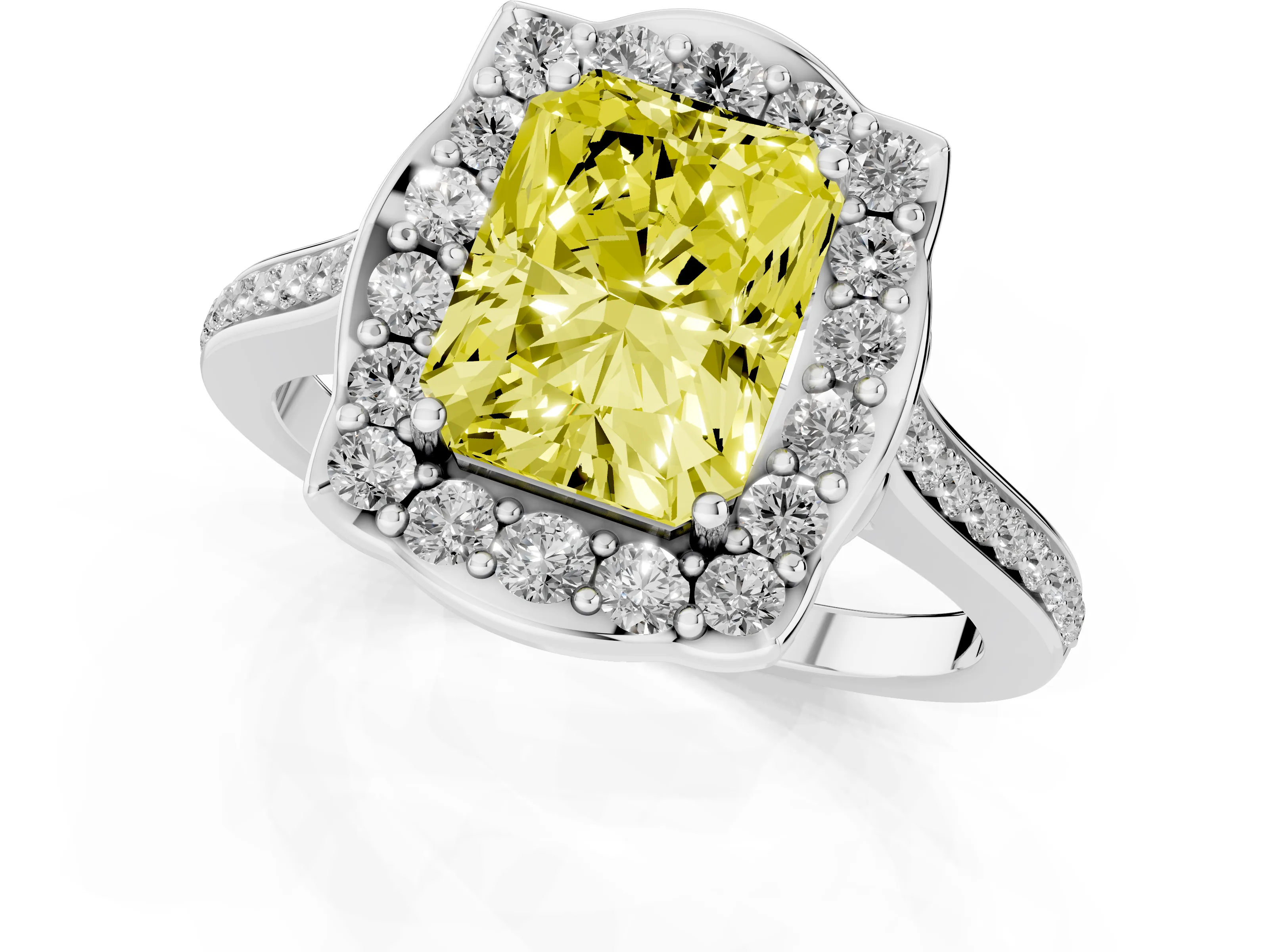 Fancy Yellow Radiant Cut Diamond Halo Ring Set in White gold with Pavé-Lined Shoulders and Prong Setting