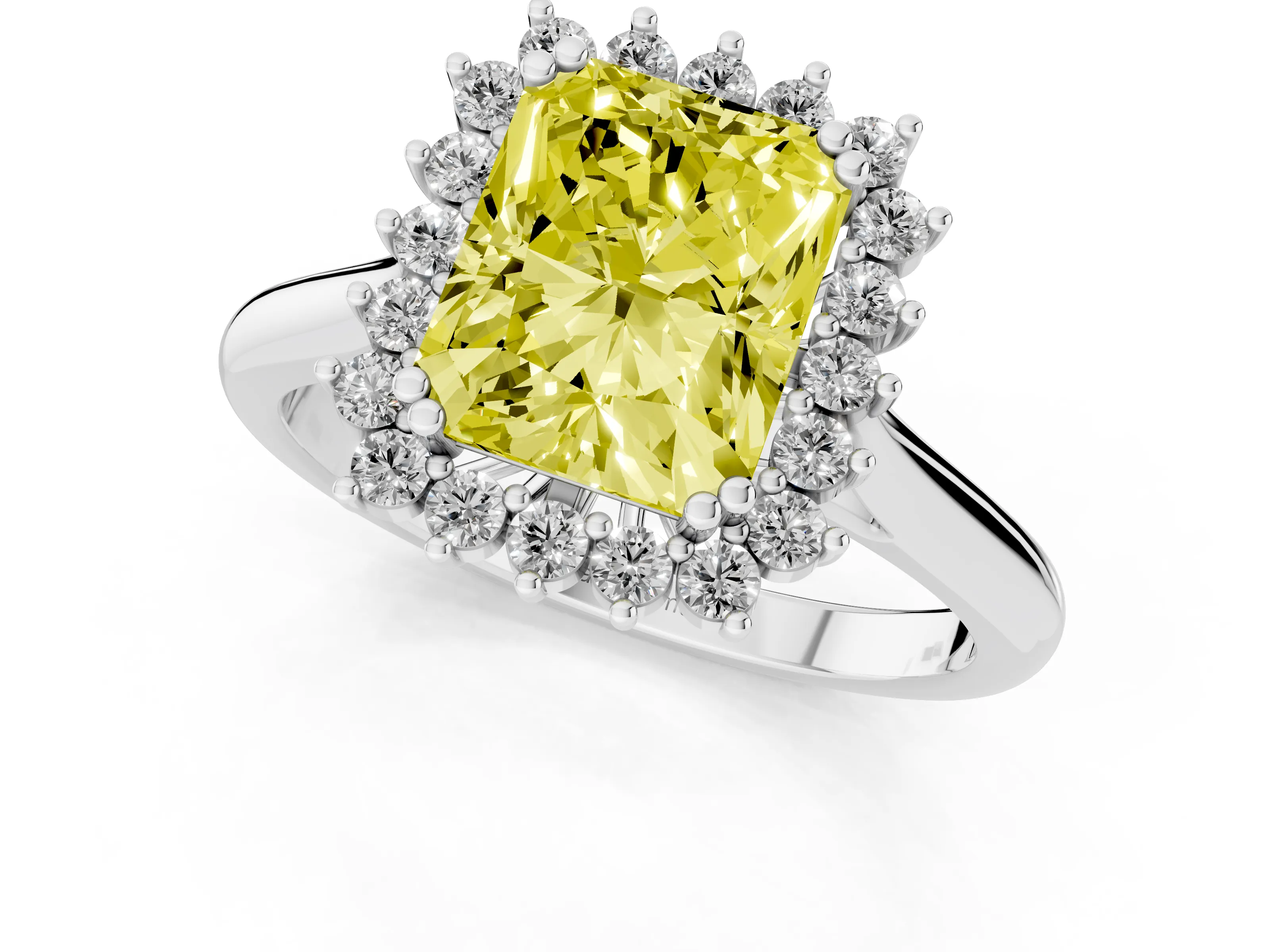 Fancy Yellow Radiant Cut Diamond Halo Ring Set in Silver with Plain Solitaire Band and Prong Setting