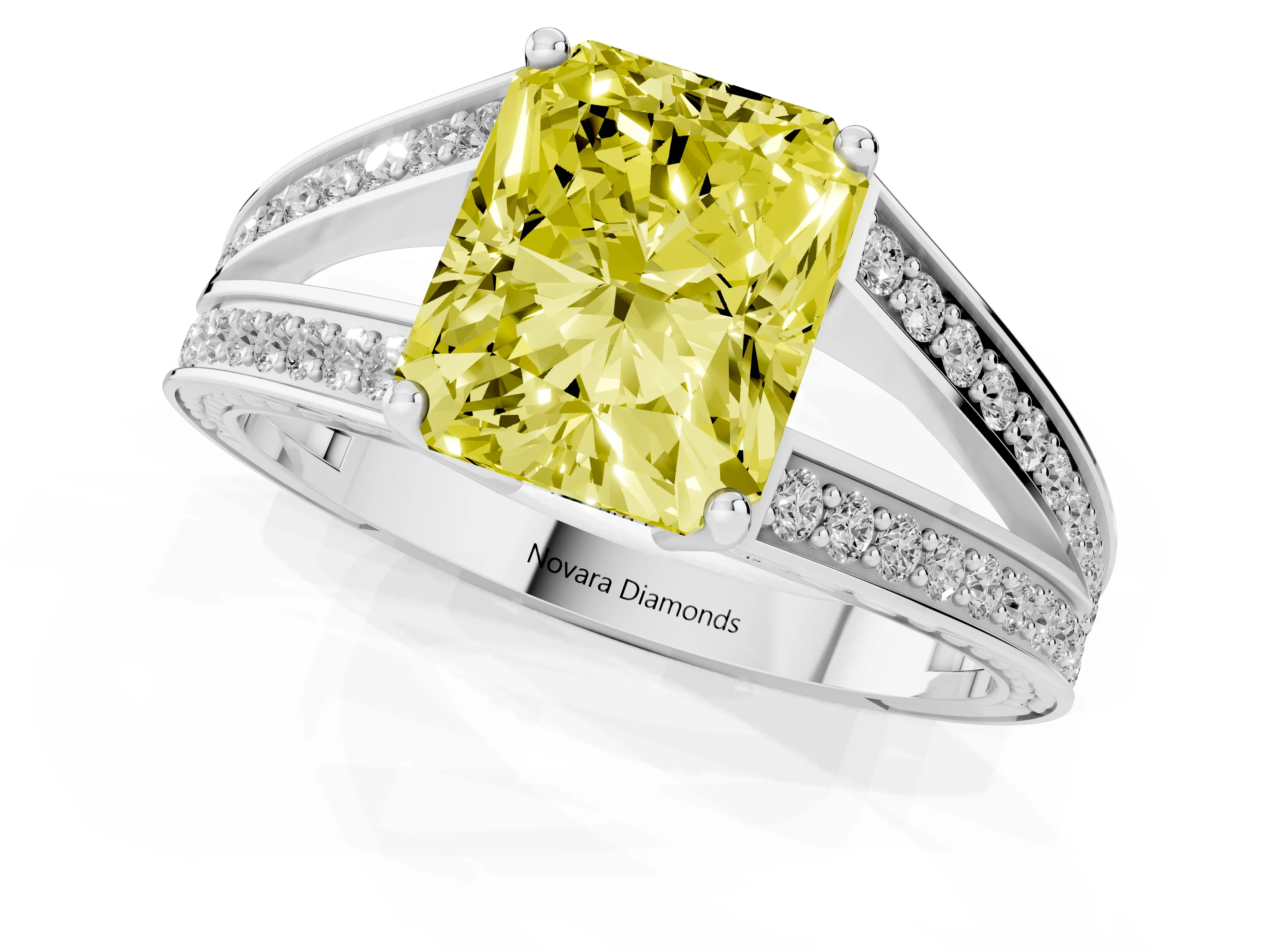 Fancy Yellow Radiant Cut Diamond Split Shank Ring Set in Platinum with Pavé Band and Prong Setting