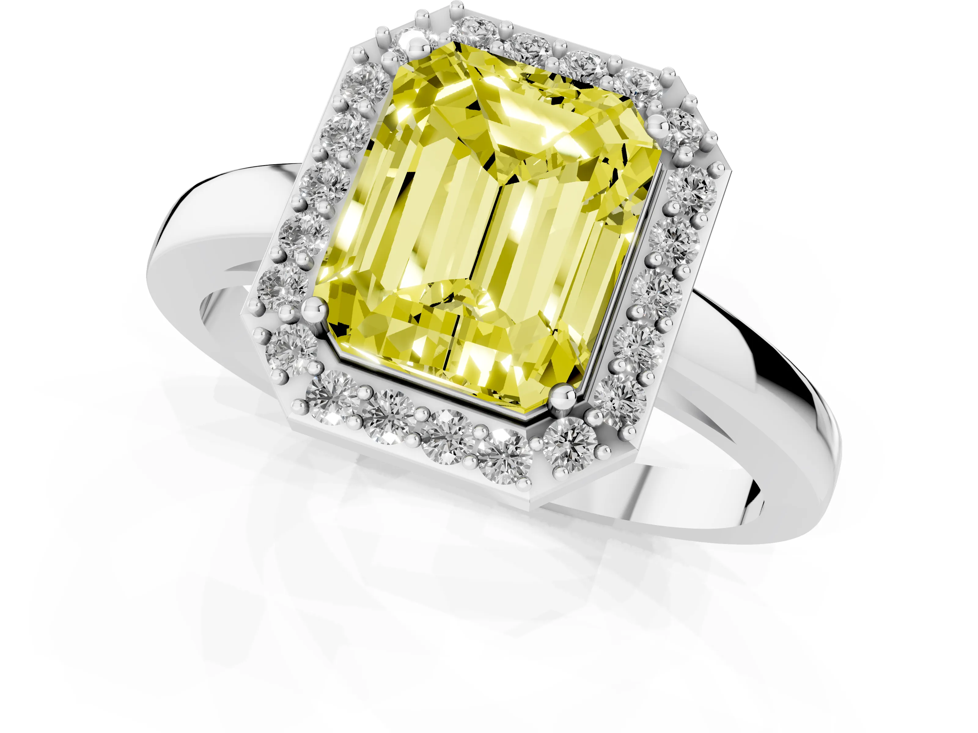 Fancy Yellow Radiant Cut Diamond Halo Ring Set in White gold with Solitaire Band and Prong Setting