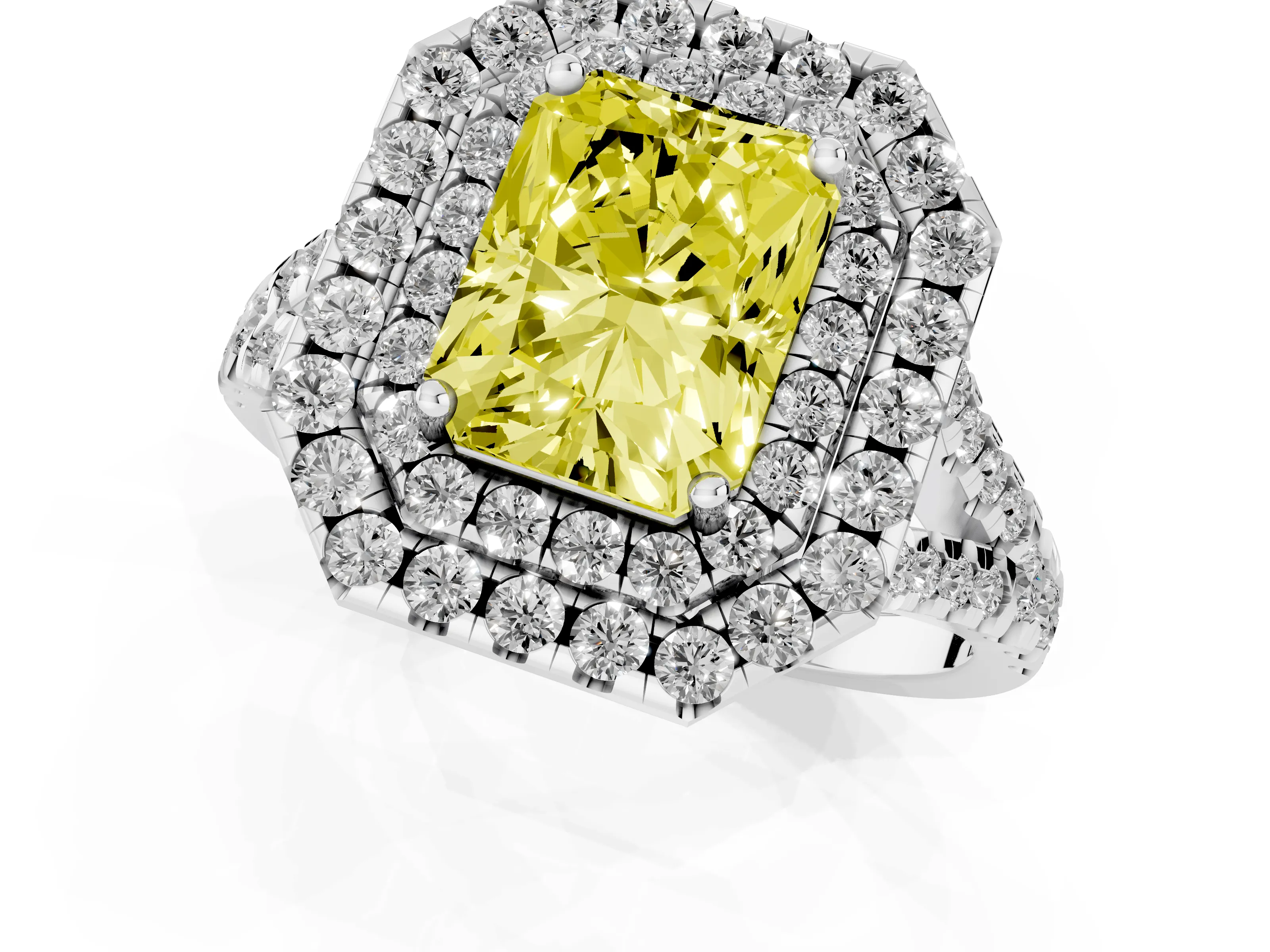 Fancy Yellow Radiant Cut Diamond Double Halo Ring Set in Silver with Pavé Split Shank and Prong Setting