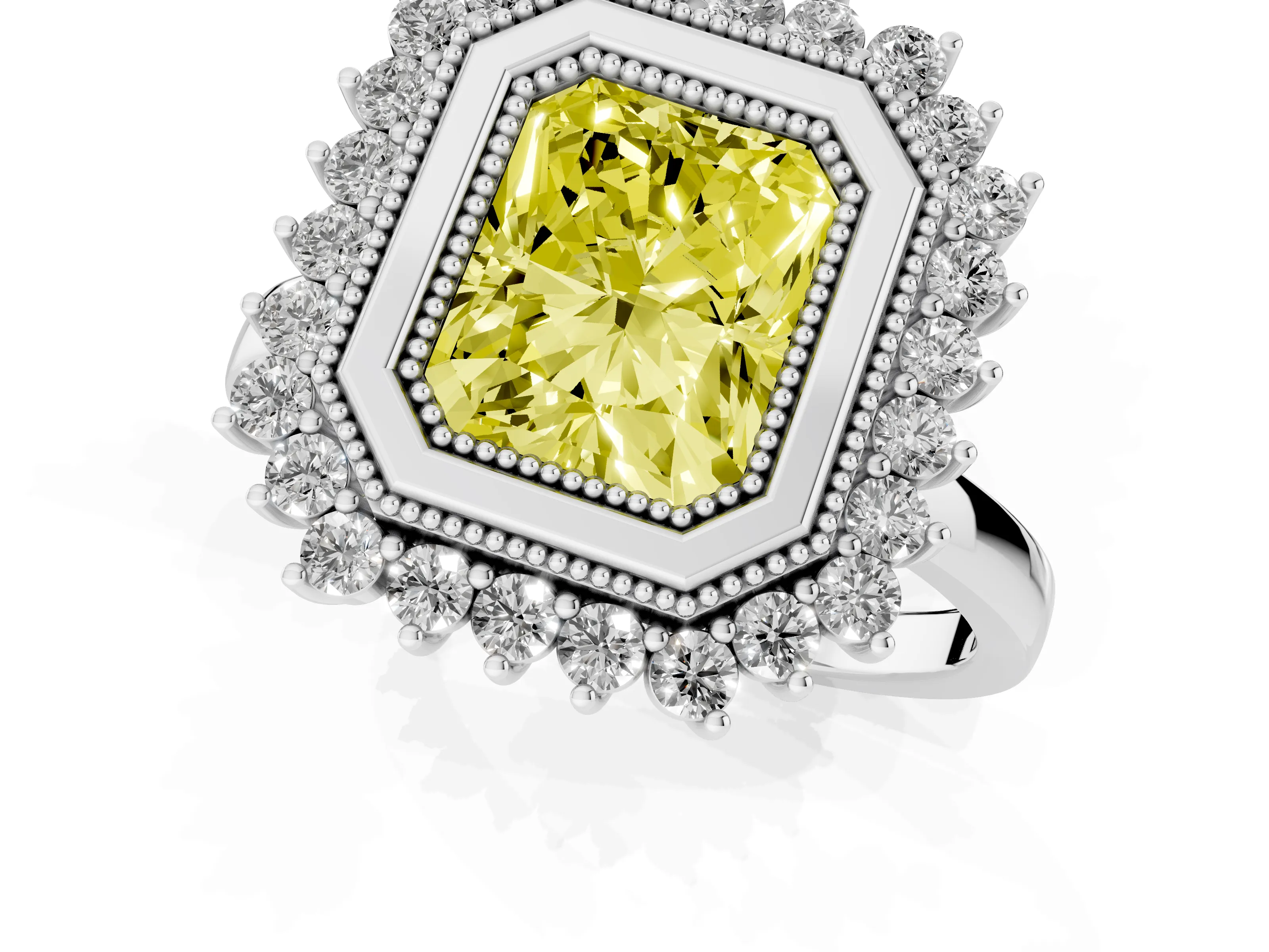 Fancy Yellow Radiant Cut Diamond Halo Ring Set in Silver with Milgrain Edge and Round Prong Setting