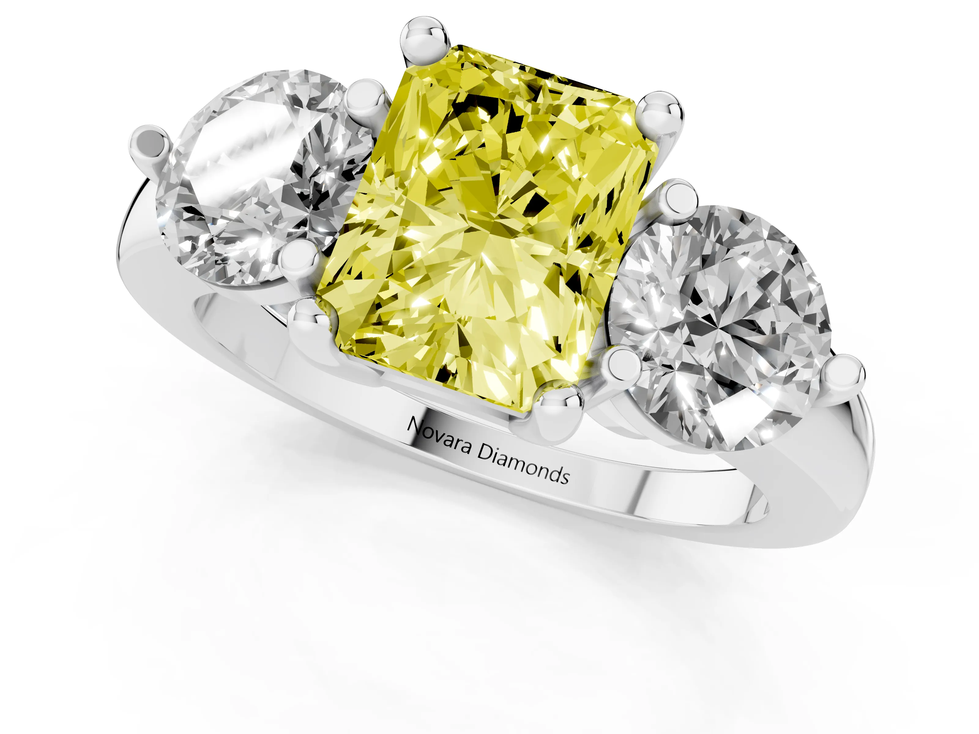 Fancy Yellow Radiant Cut Diamond Three-Stone Ring Set in Silver with Prong Setting and Classic Band