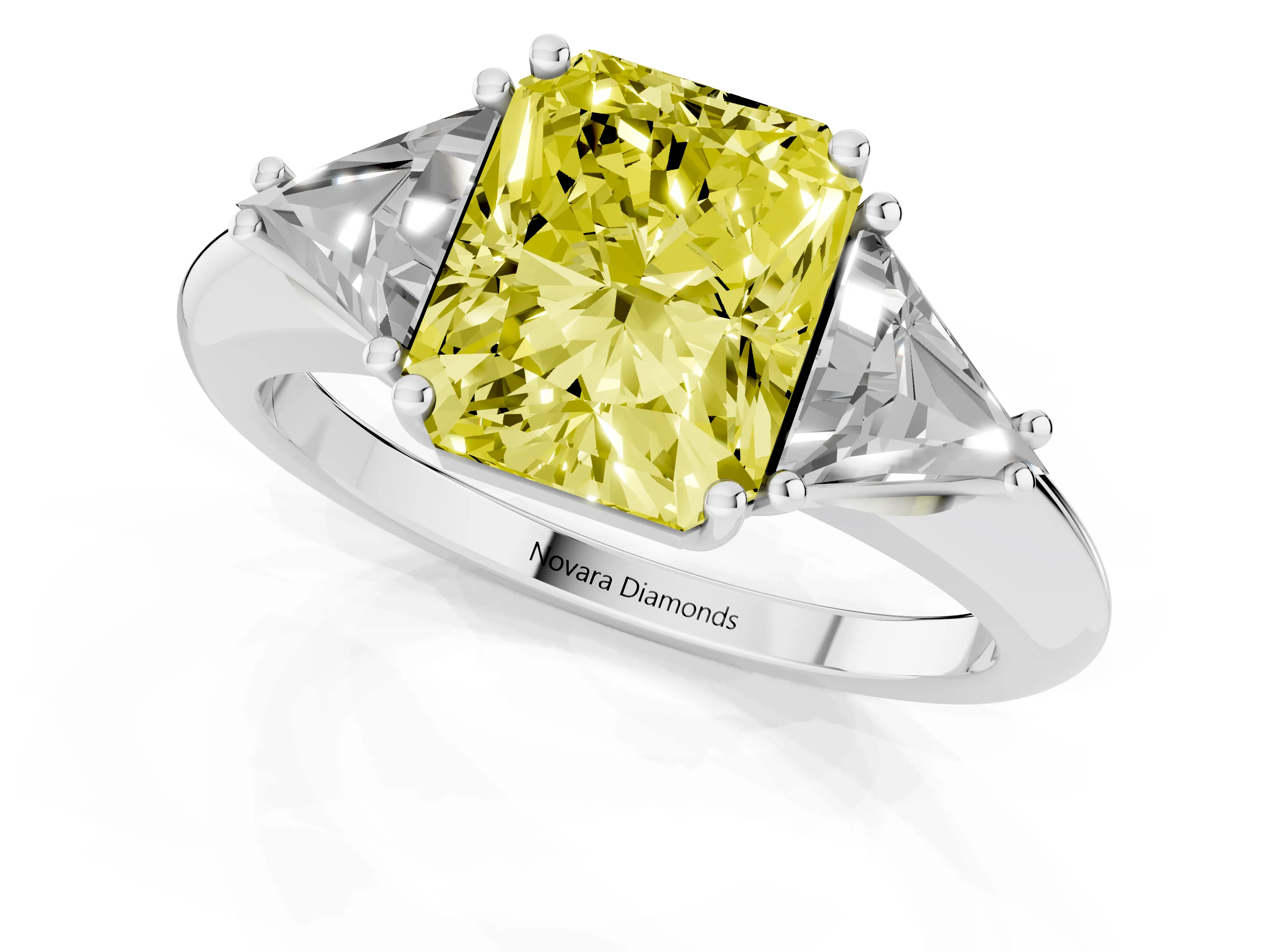 Fancy Yellow Radiant Cut Diamond Three-Stone Engagement Ring Set in Platinum with Trillion Side Stones