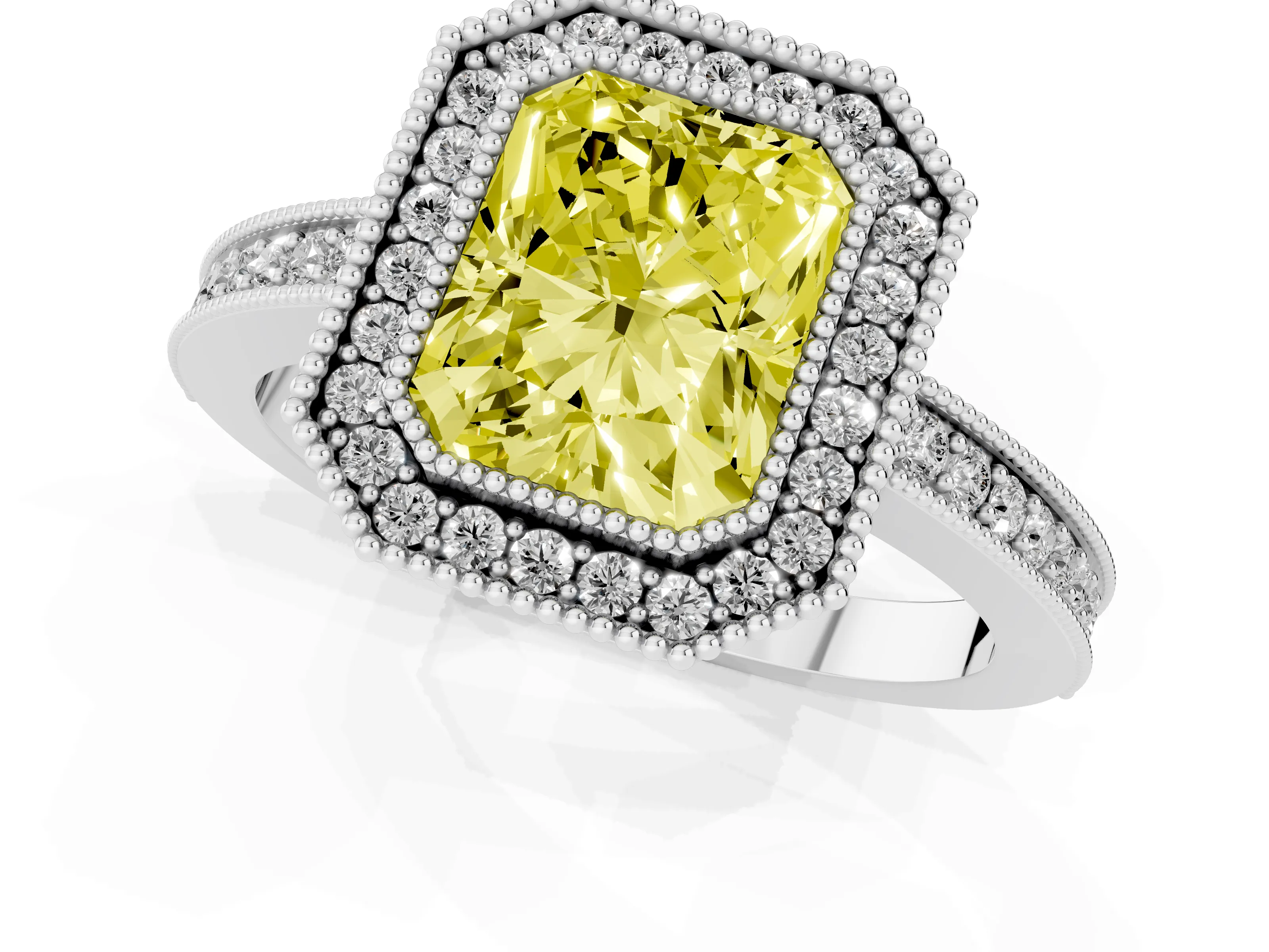 Fancy Yellow Radiant Cut Diamond Round Halo Ring Set in White gold with Pavé Band