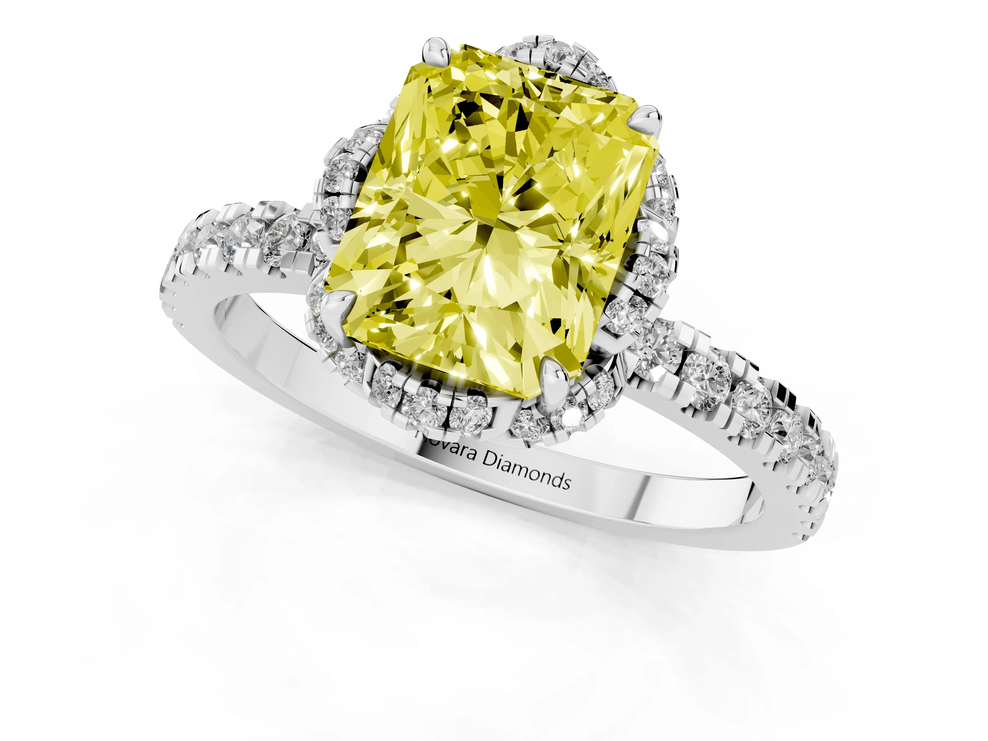 Fancy Yellow Radiant Cut Diamond Halo Pavé Band Ring Set in White gold with Prong-Held Center