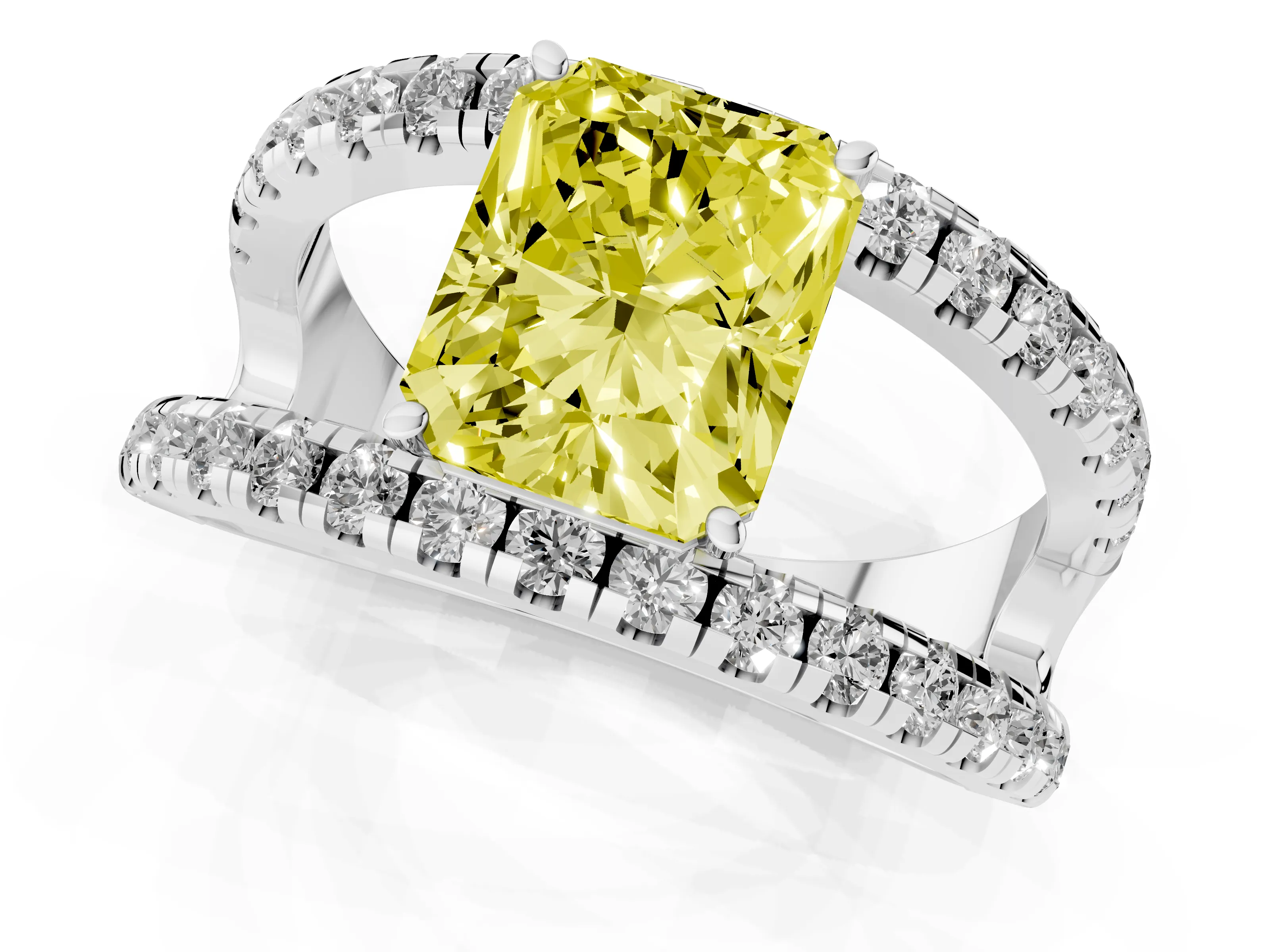 Fancy Yellow Radiant Cut Diamond Split Shank Pavé Solitaire Ring Set in Platinum with Open Shank Design
