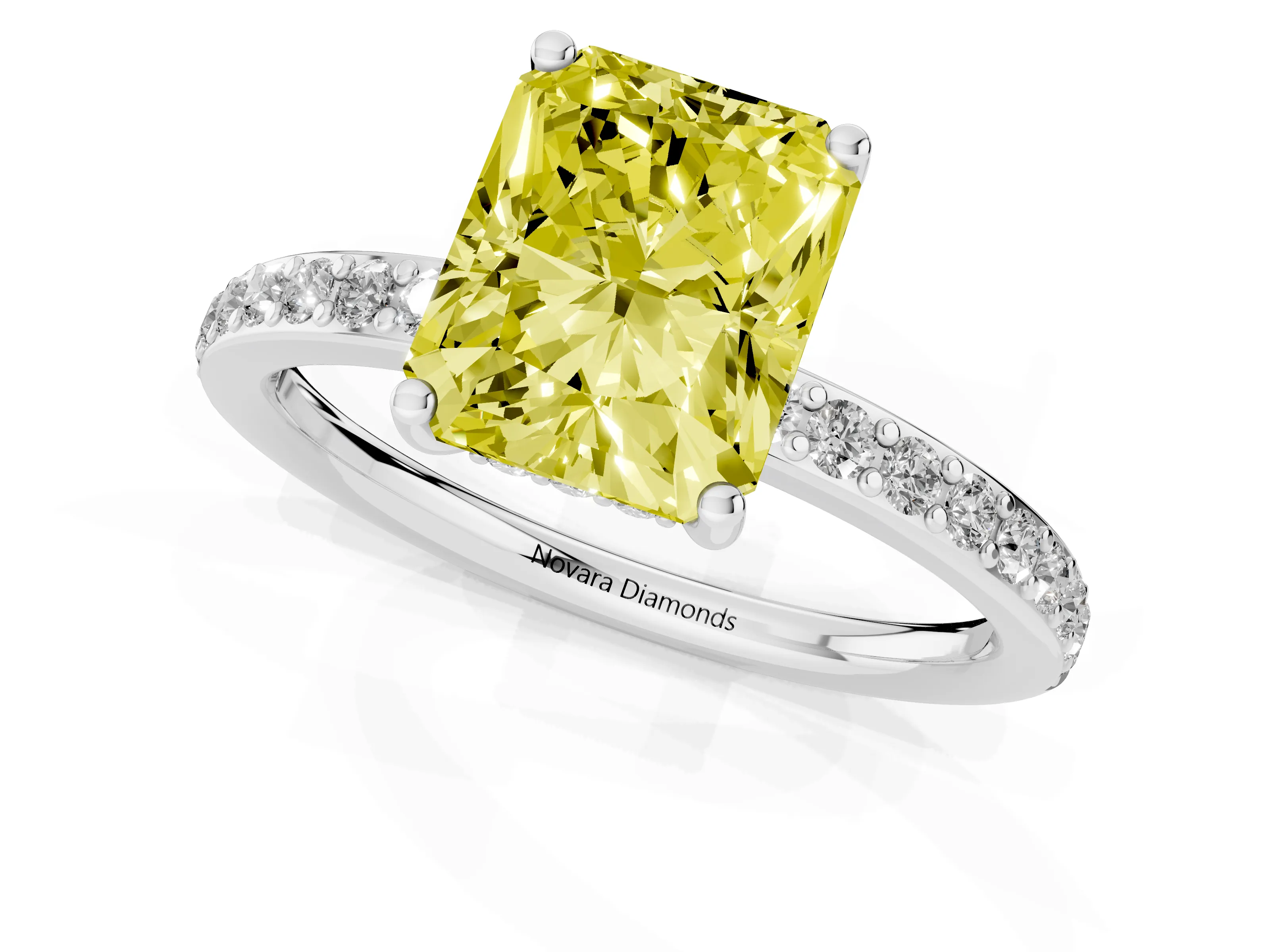 Fancy Yellow Radiant Cut Diamond Pavé Band Ring Set in White gold with Prong-Set Center Stone