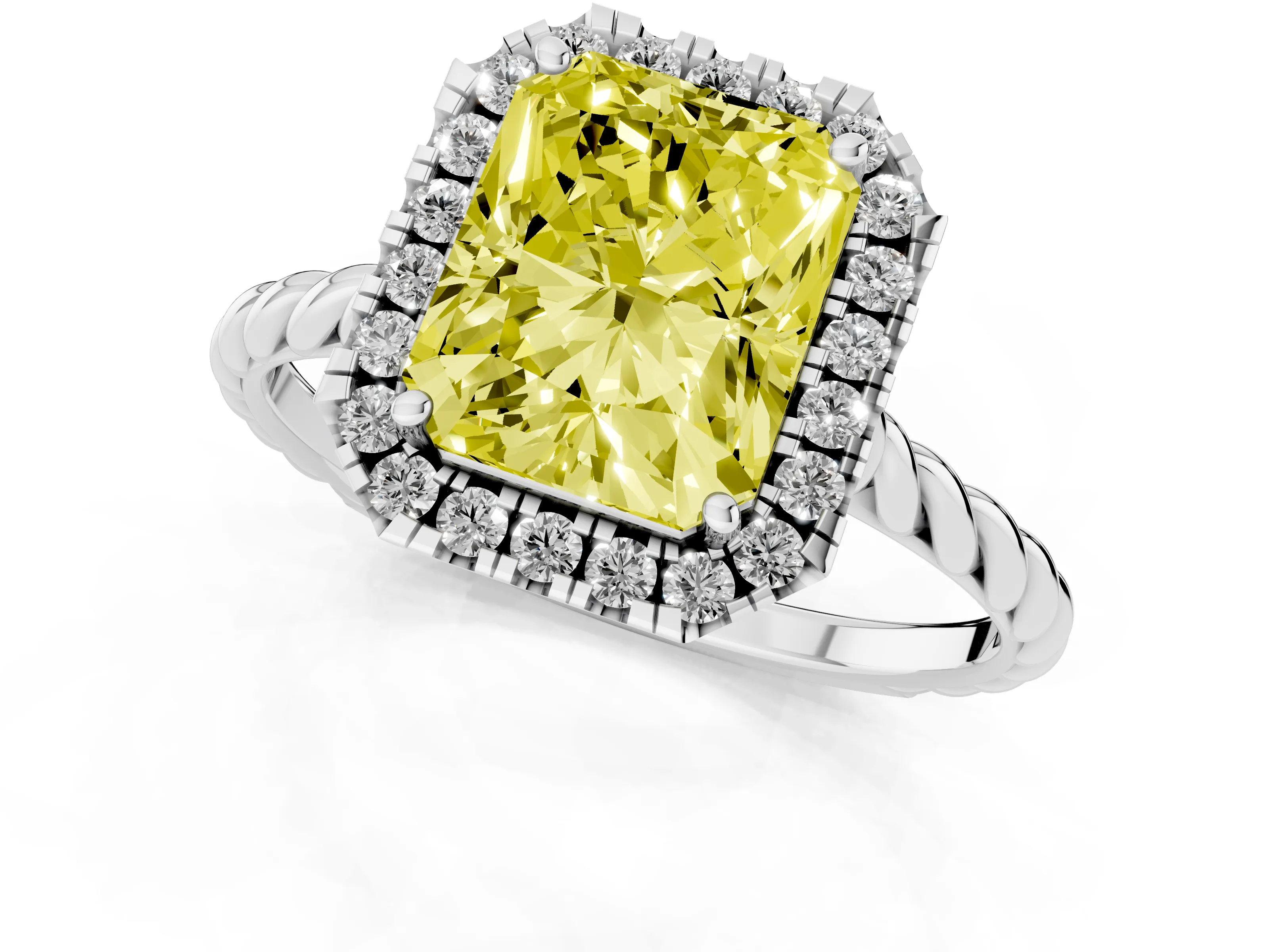 Fancy Yellow Radiant Cut Diamond Halo Ring Set in Platinum with Plain Twisted Band