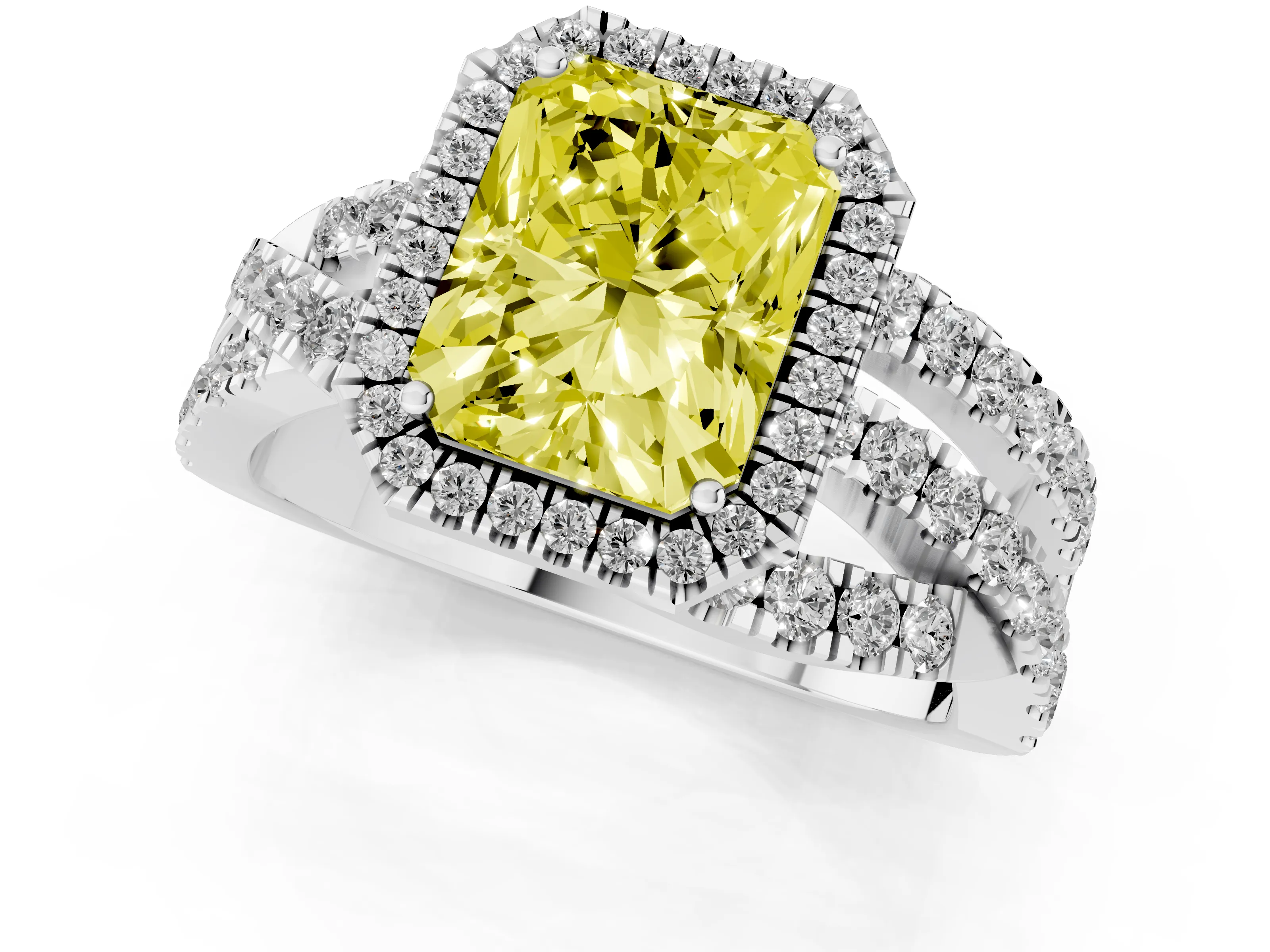 Fancy Yellow Radiant Cut Diamond Halo Ring Set in Platinum with Round Crossover Split Shank and Prong Setting