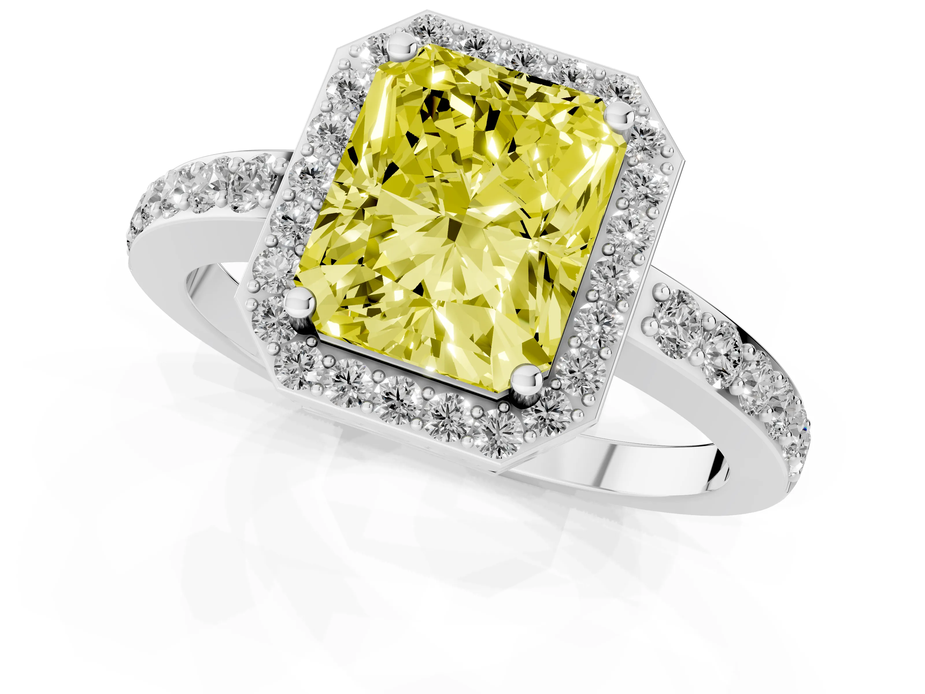 Fancy Yellow Radiant Cut Diamond Halo Ring Set in Platinum with Pavé-Setting Band and Open Prong Center – second view