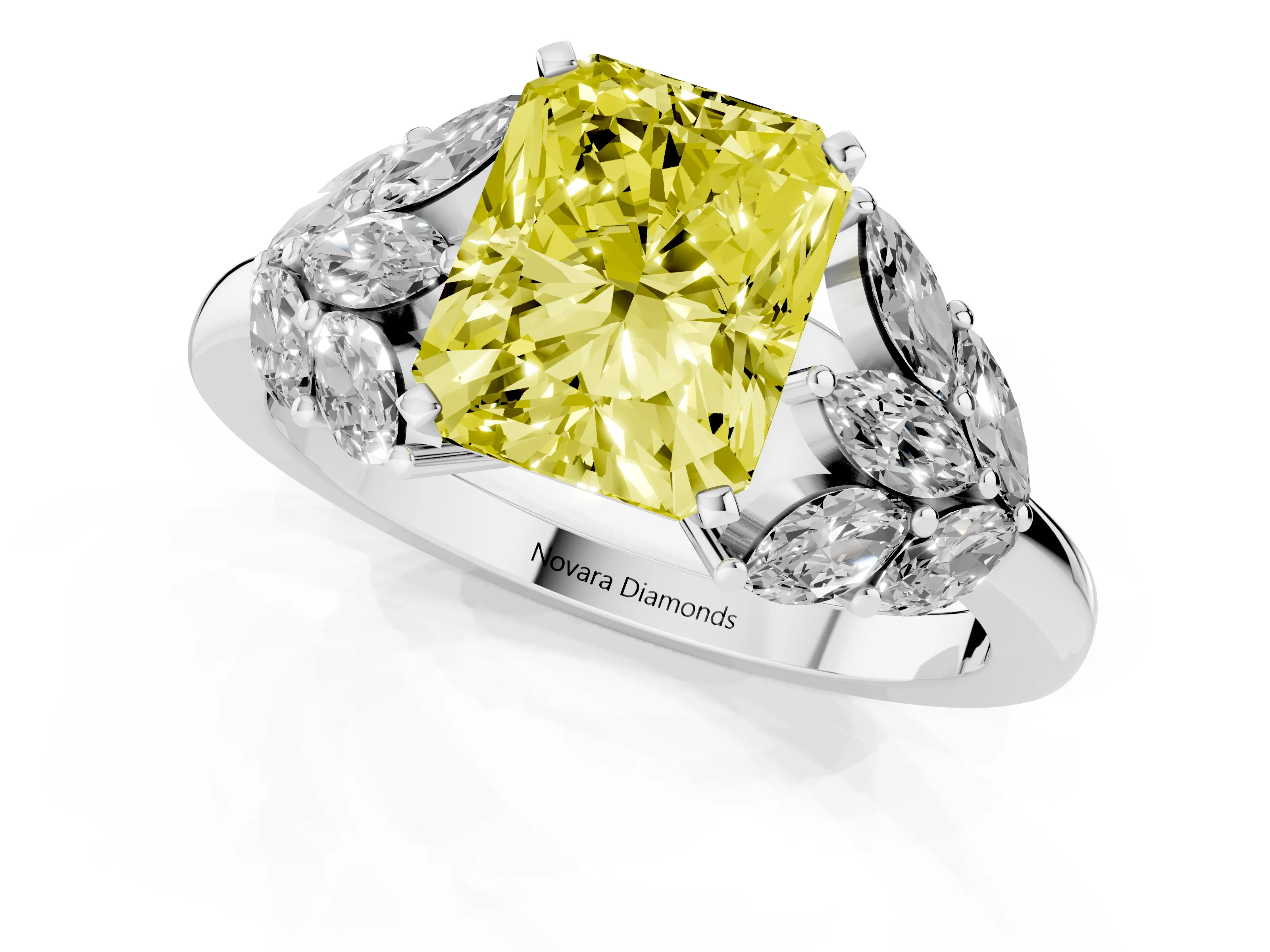 Fancy Yellow Radiant Cut Diamond Cluster Leaf Design Ring Set in White gold with Prong Setting