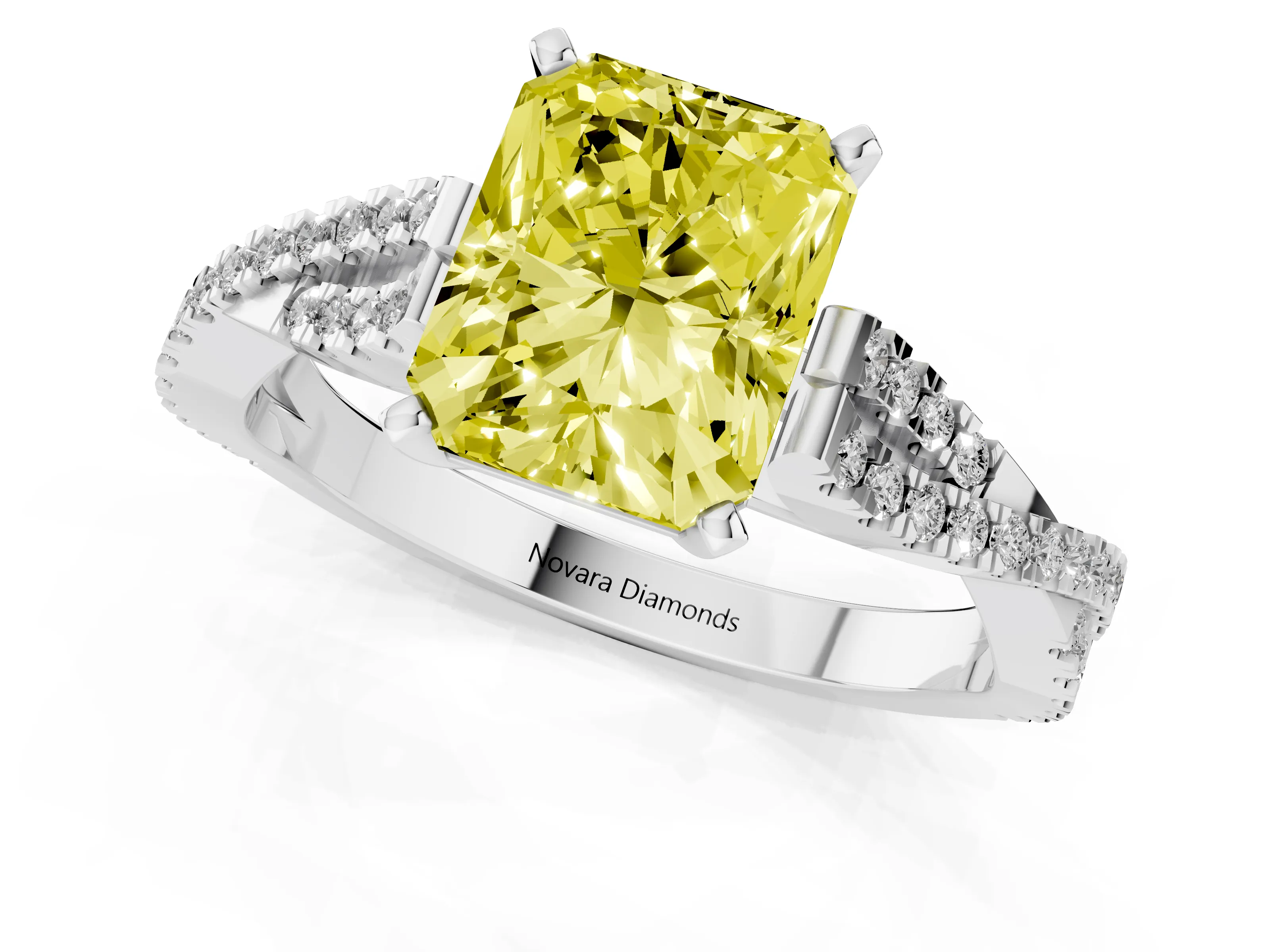 Fancy Yellow Radiant Cut Diamond Solitaire Engagement Ring Set in Platinum with Twisted Pavé Band and Prong Setting