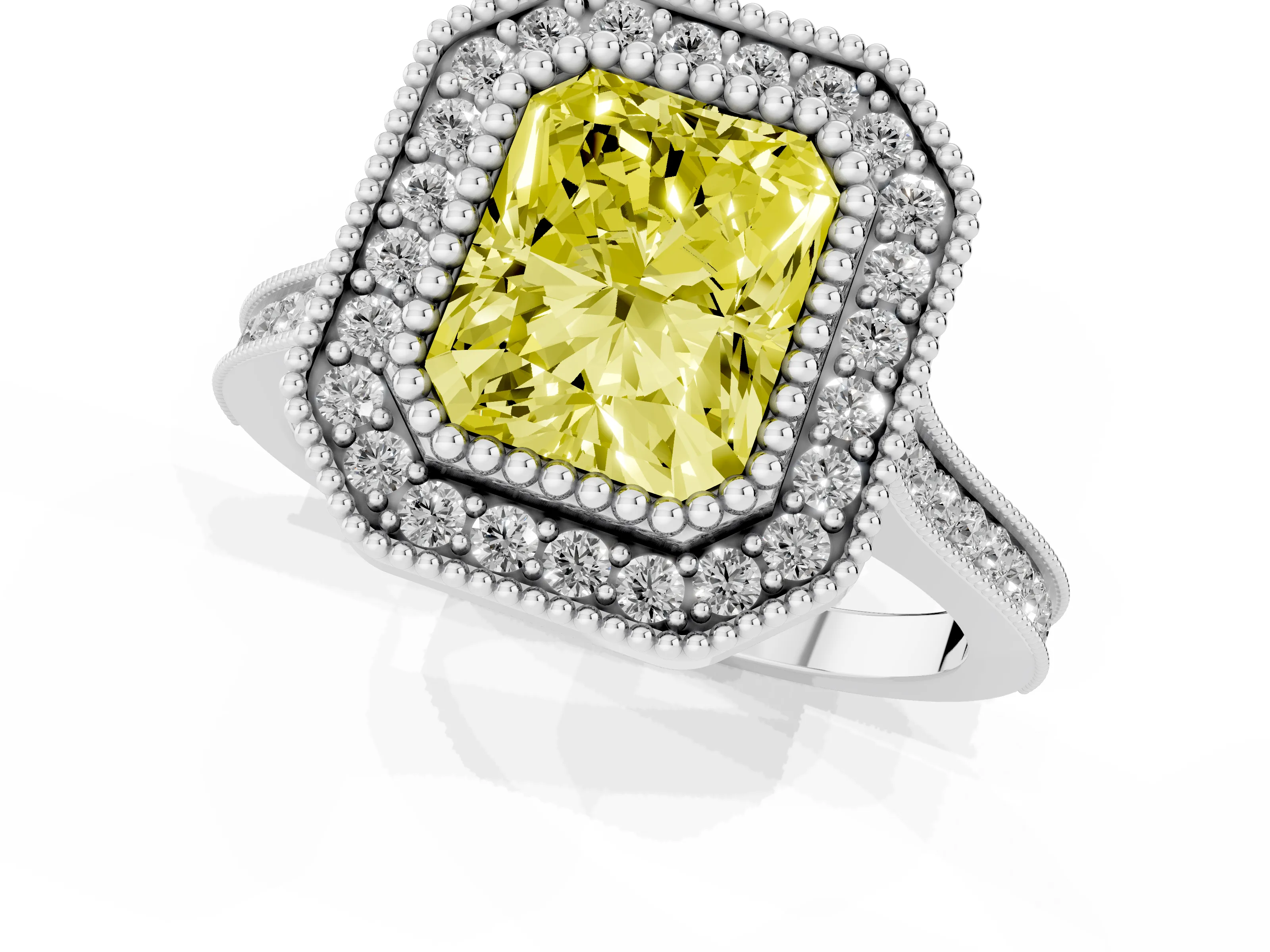 Fancy Yellow Radiant Cut Diamond Halo Ring Set in Silver with Milgrain Frame and Pavé Band