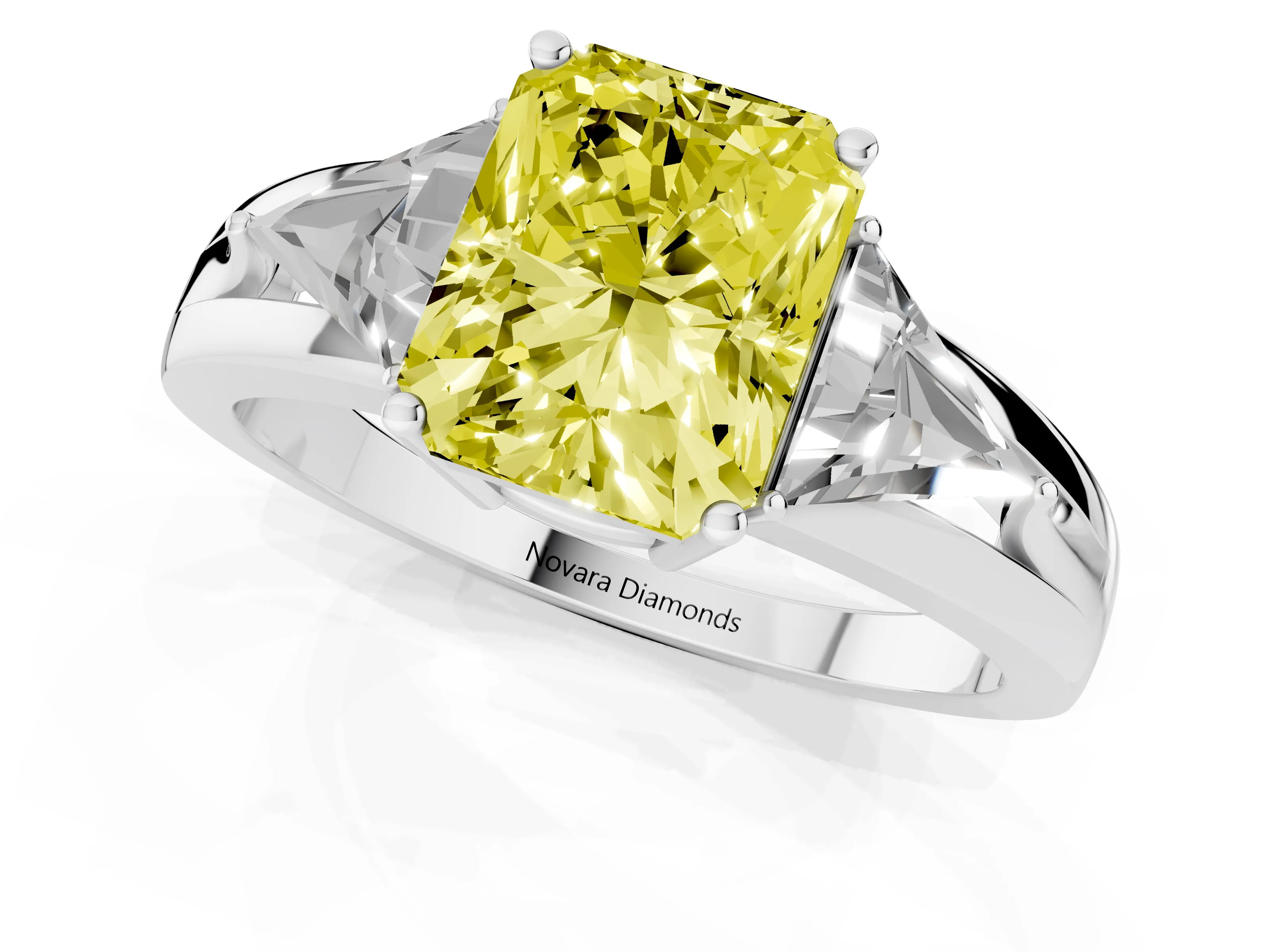 Fancy Yellow Radiant Cut Diamond Three-Stone Ring Set in White gold with Trillion Side Stones and Split Shank
