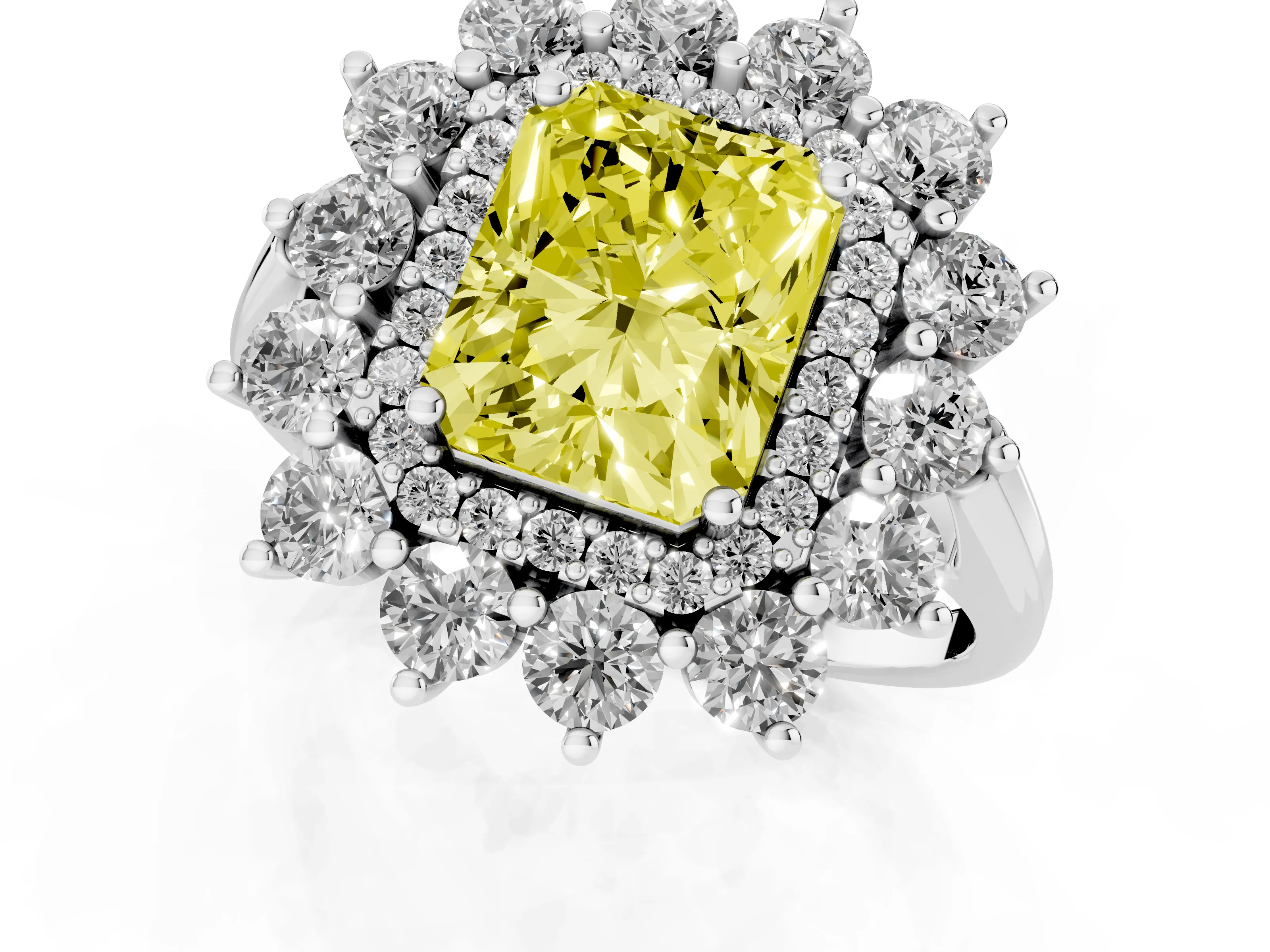 Fancy Yellow Radiant Cut Diamond Floral Double Halo Ring Set in White gold with Round Petals