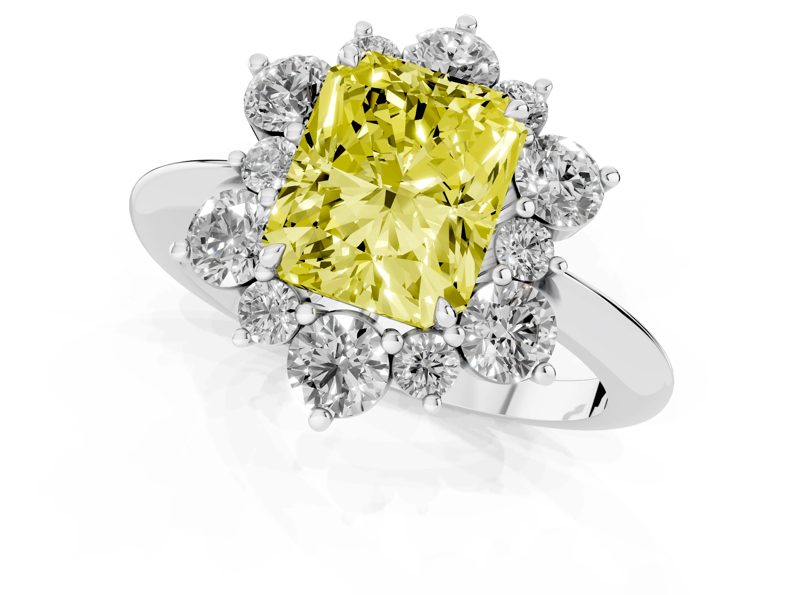 Fancy Yellow Radiant Cut Diamond Cluster Halo Ring Set in Silver with Solitaire Band and Prong Setting